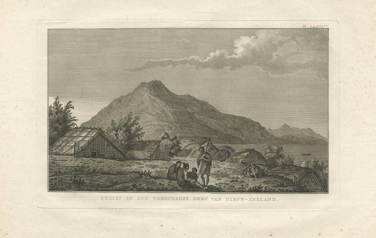 Antique Print of a Village in New Zealand by Cook, 1803
