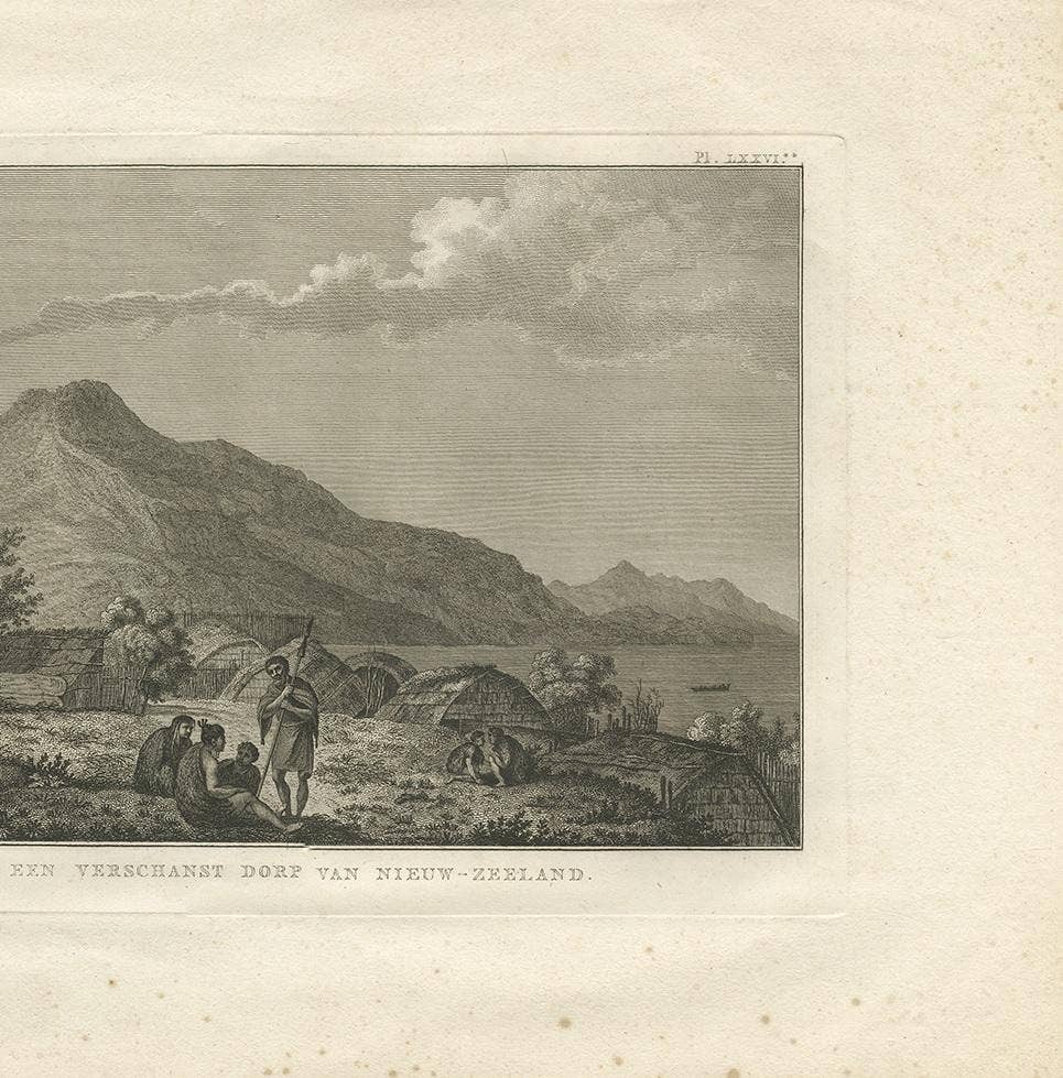 Antique Print of a Village in New Zealand by Cook, 1803