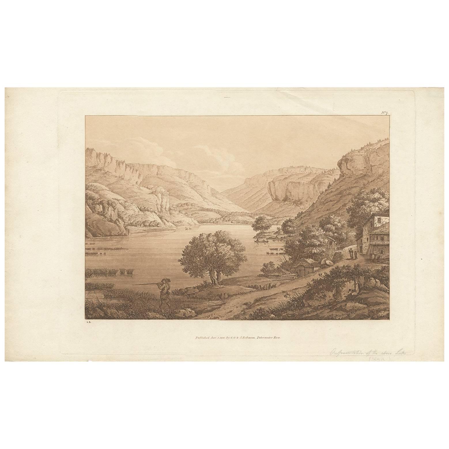 Grabado antiguo de un pueblo de Suiza por J. Robinson, 1800