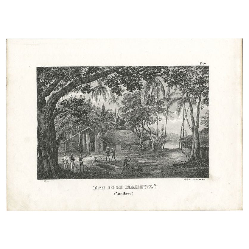 Impression ancienne d'un village de Vanikoro dans les îles Salomones, vers 1836