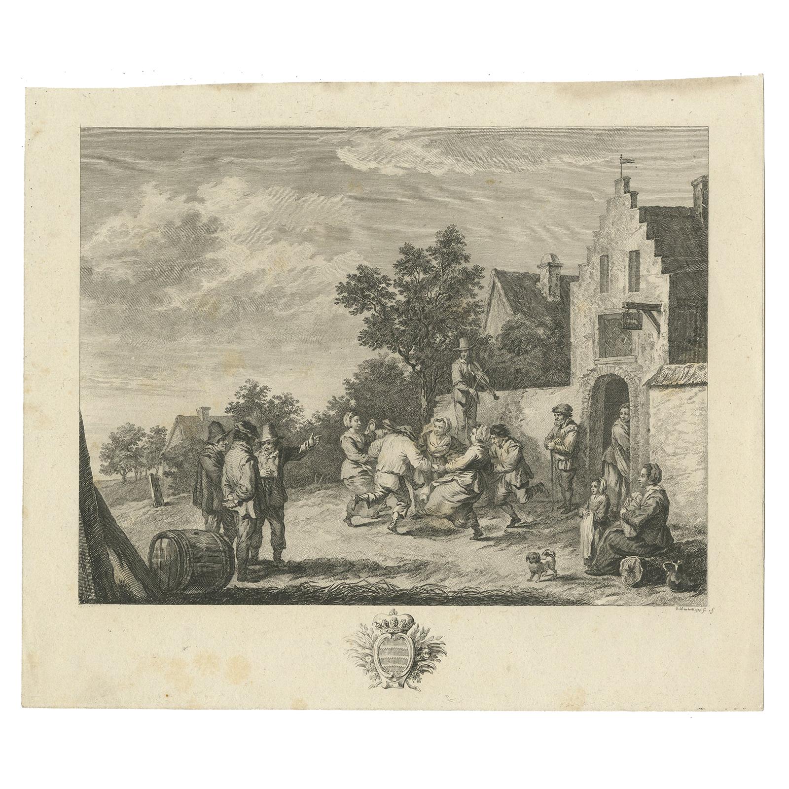 Antique Print of a Village Scene by Weisbrod, circa 1800 For Sale