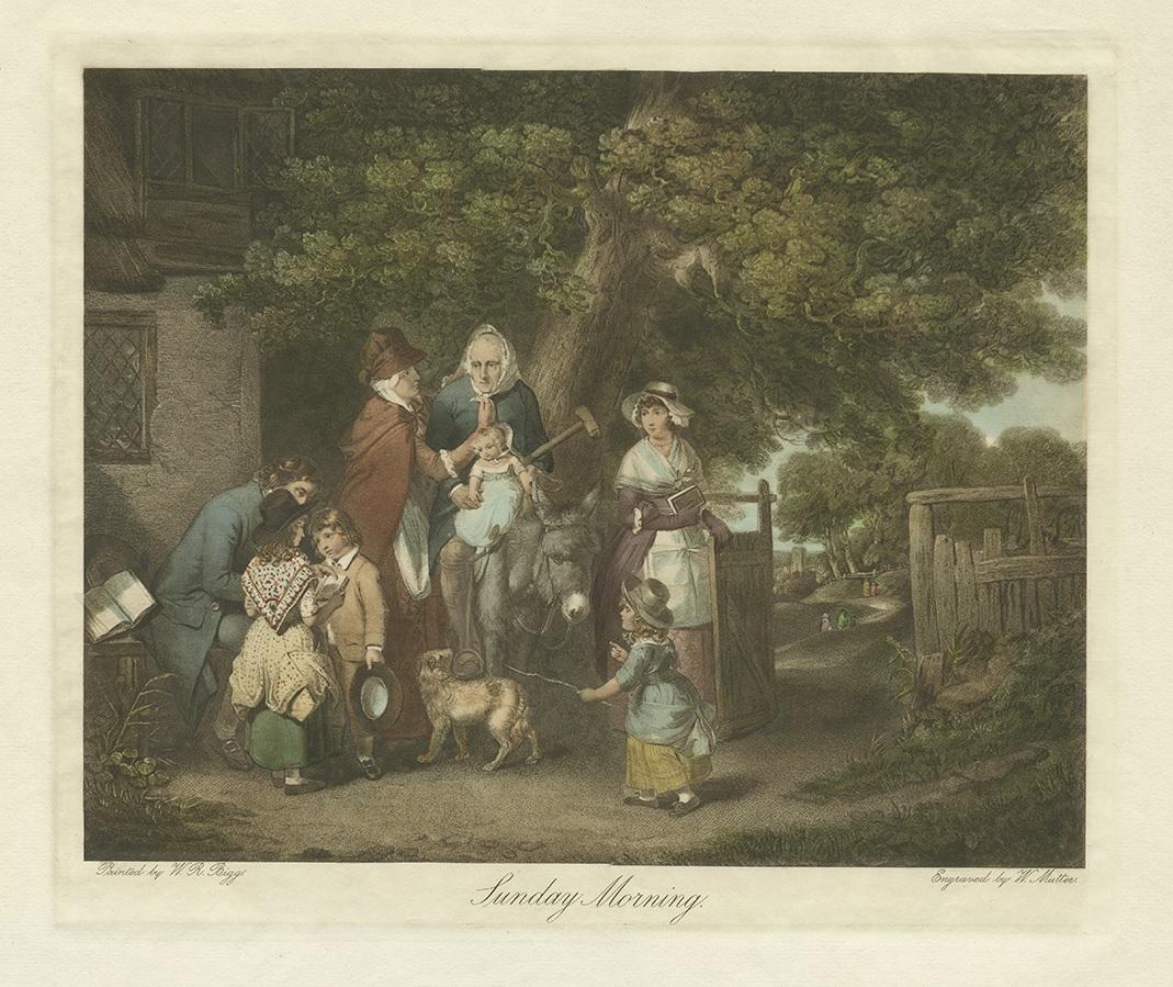 Antique print titled 'Sunday Morning'. It shows: A family (father, mother, grandmother and several children) are heading out to church from their cottage home. Grandmother is seated on a donkey. Made after a painting by W.R. Bigg. Engraved by W.