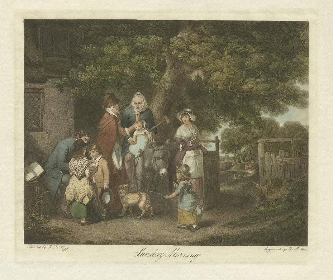 Old Antique Print of a Village Scenery with Grandmother on a Donkey, circa 1800