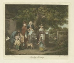 Old Antique Print of a Village Scenery with Grandmother on a Donkey, circa 1800
