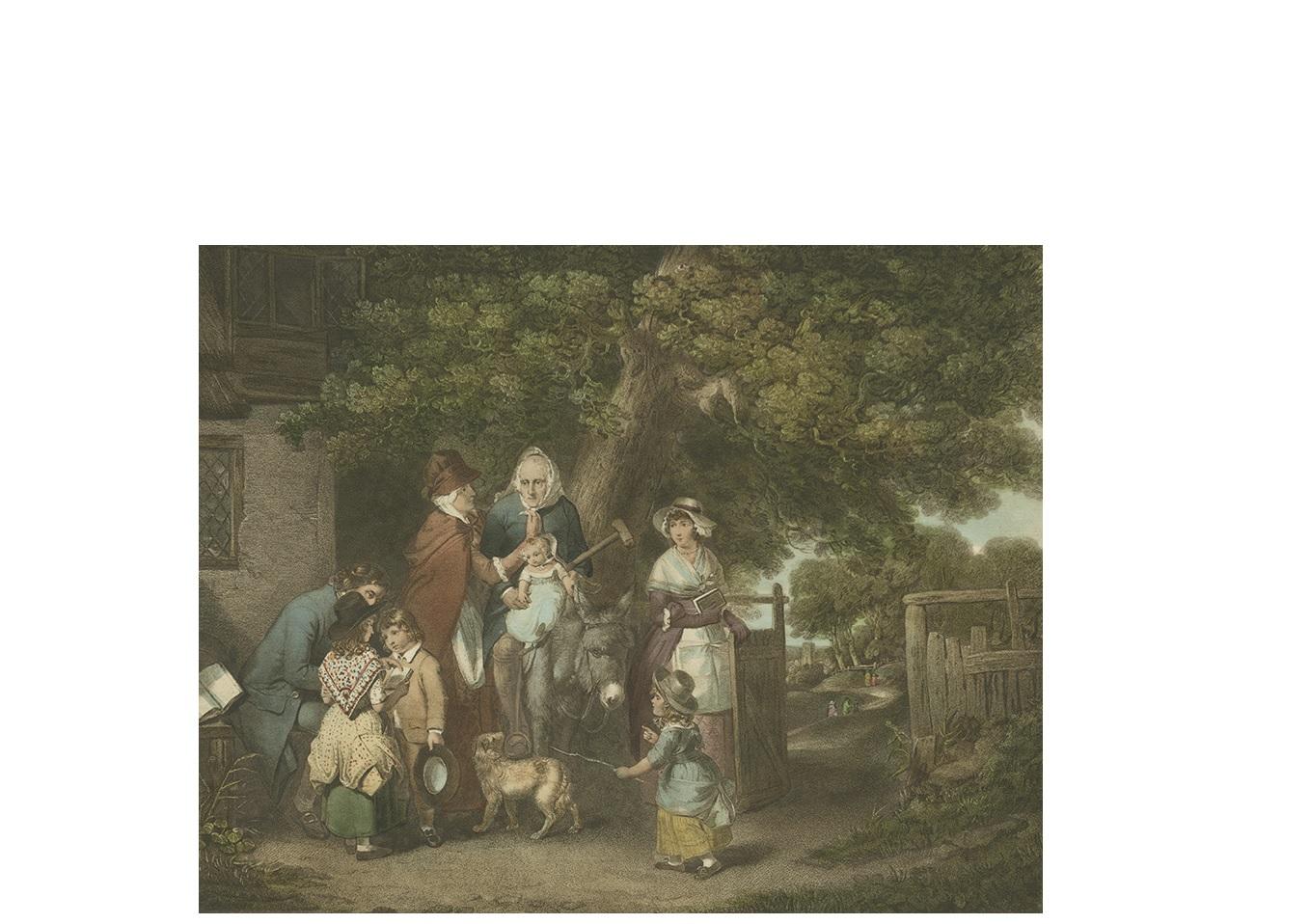 19th Century Old Antique Print of a Village Scenery with Grandmother on a Donkey, circa 1800 For Sale