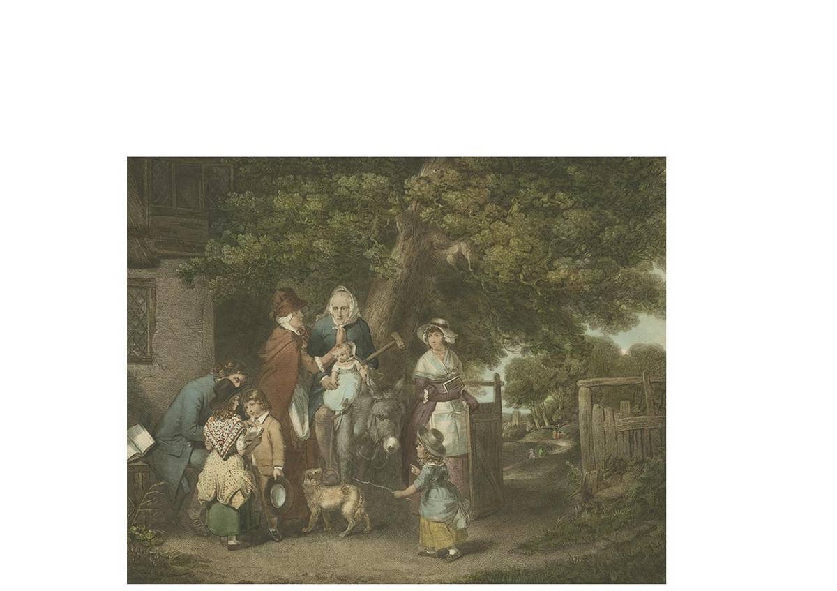 Old Antique Print of a Village Scenery with Grandmother on a Donkey, circa 1800