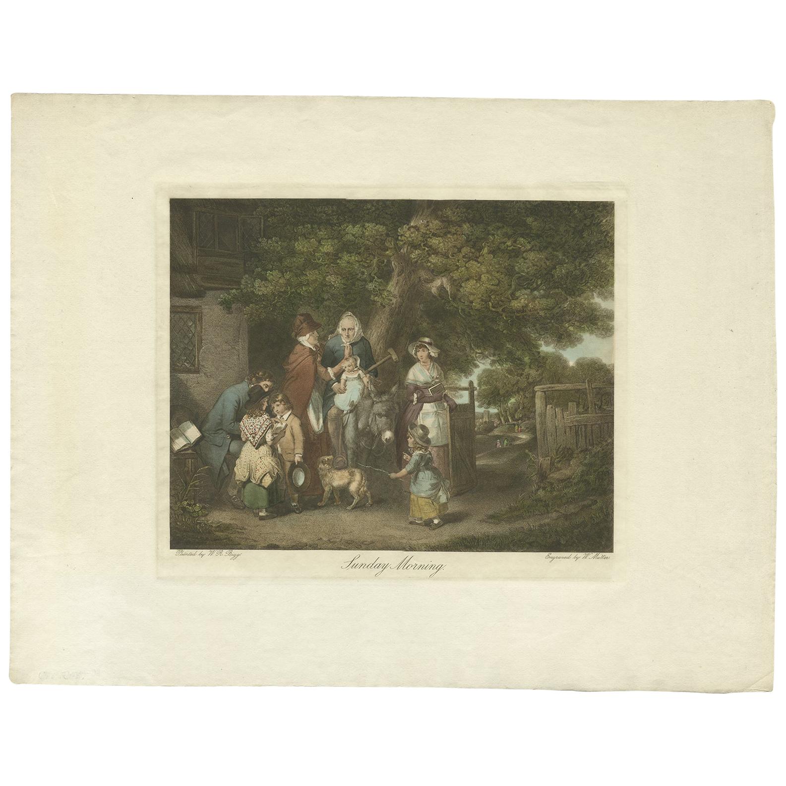 Old Antique Print of a Village Scenery with Grandmother on a Donkey, circa 1800