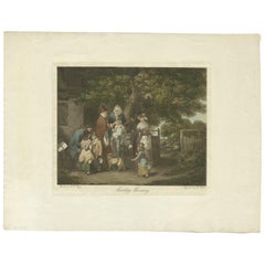 Old Antique Print of a Village Scenery with Grandmother on a Donkey, circa 1800