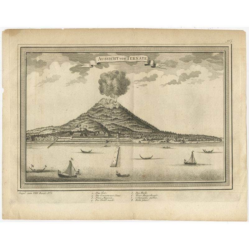 Antique print titled 'Aussischt von Ternate'. View of the island of Ternate with erupting volcano Gamalama and vessels in the foreground. Ternate was the seat of the Governor General until the foundation of Batavia in 1619. This print originates