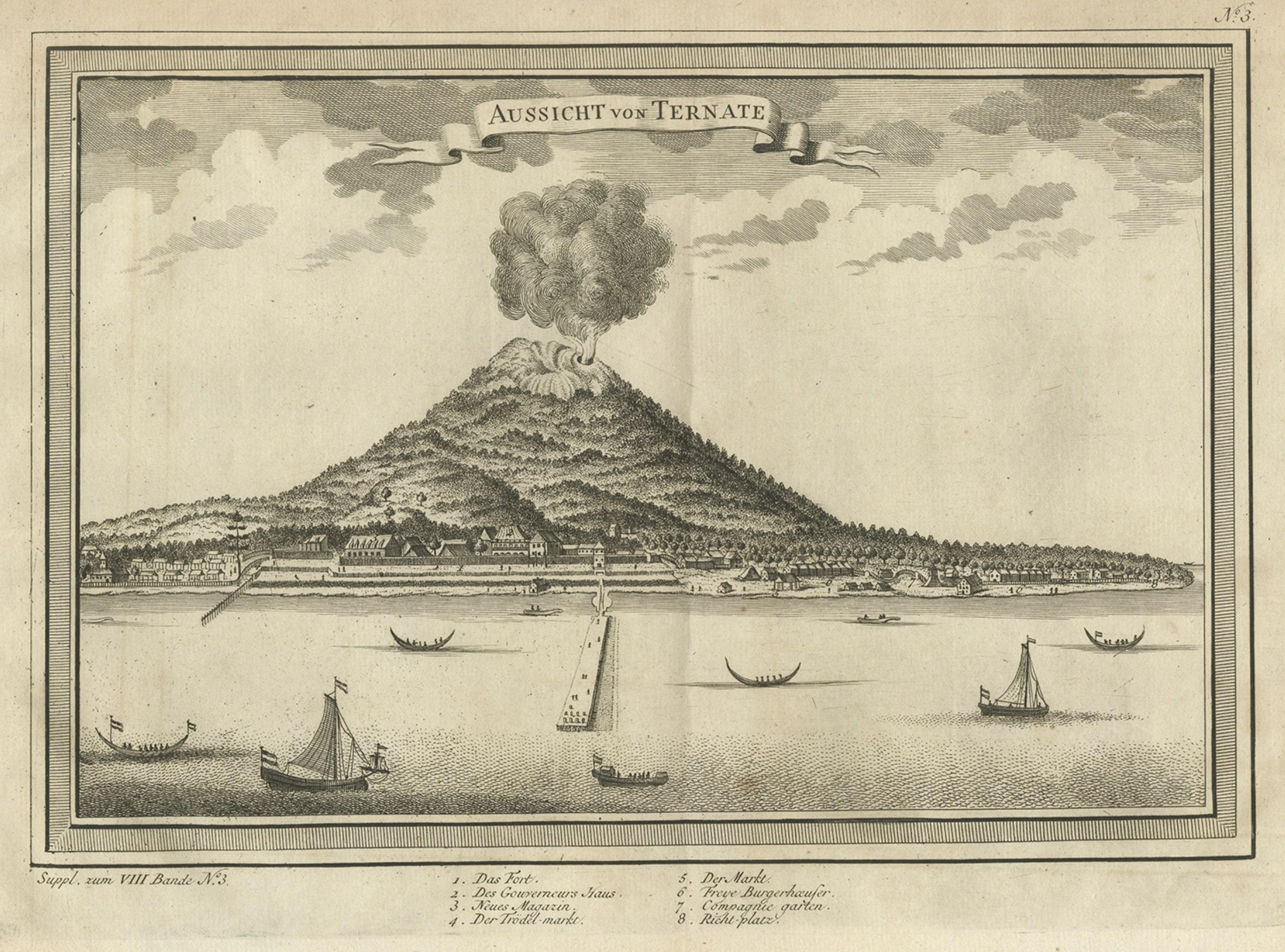 Papier Impression ancienne d'un volcan à Ternate en Indonésie, 1751 en vente