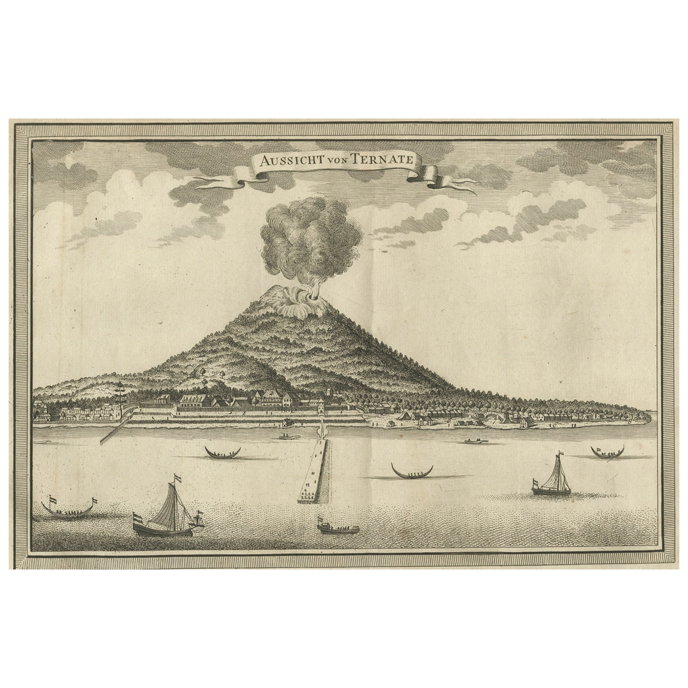 Antique Print of a Volcano in Ternate in Indonesia, 1751