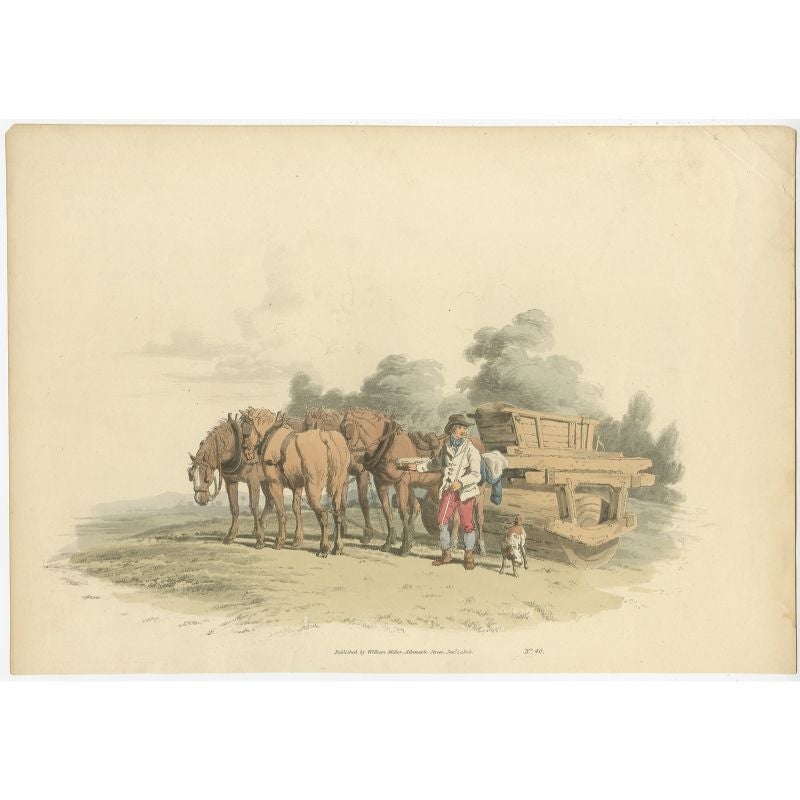 Antique print of a grass roller drawn by four horses, a man and his dog standing by the waggon. This print originates from 'The Costume of Great Britain' by William Henry Pyne. 

Artists and Engravers: Published by William Miller. 

Condition: