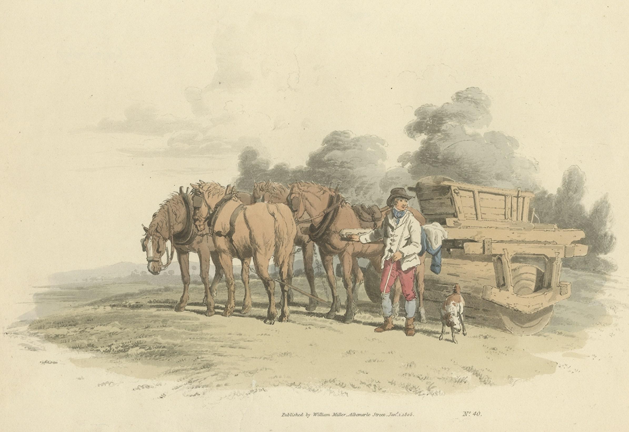 Paper Antique Print of a Waggon Drawn by Four Horses, 1805 For Sale