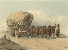 Antique Print of a Wagon and Horses by W. Pyne, 1805