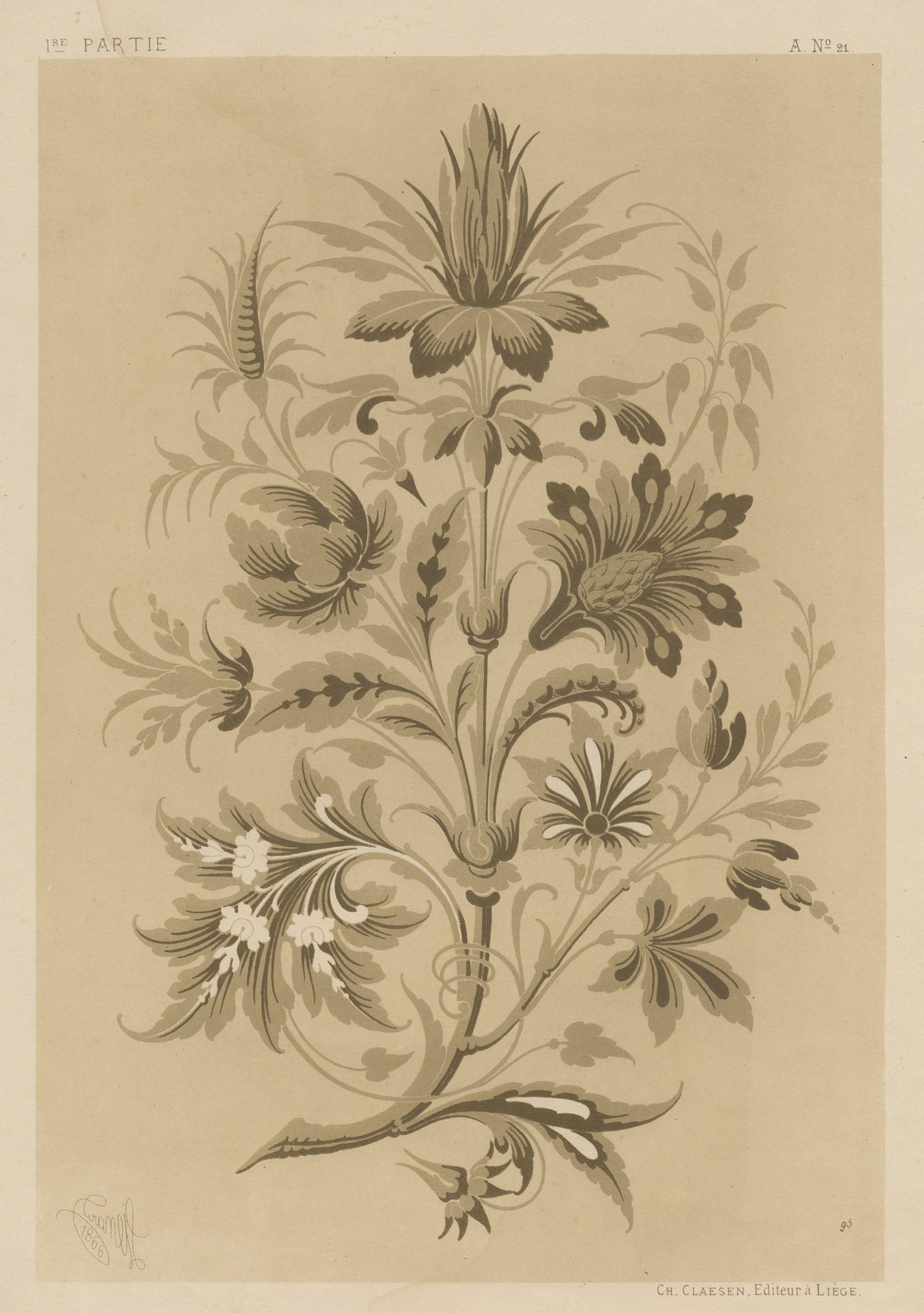 Lithograph of a wallpaper design. It shows a branch with stylized leaves and flowers. Published by Charles Claesen.