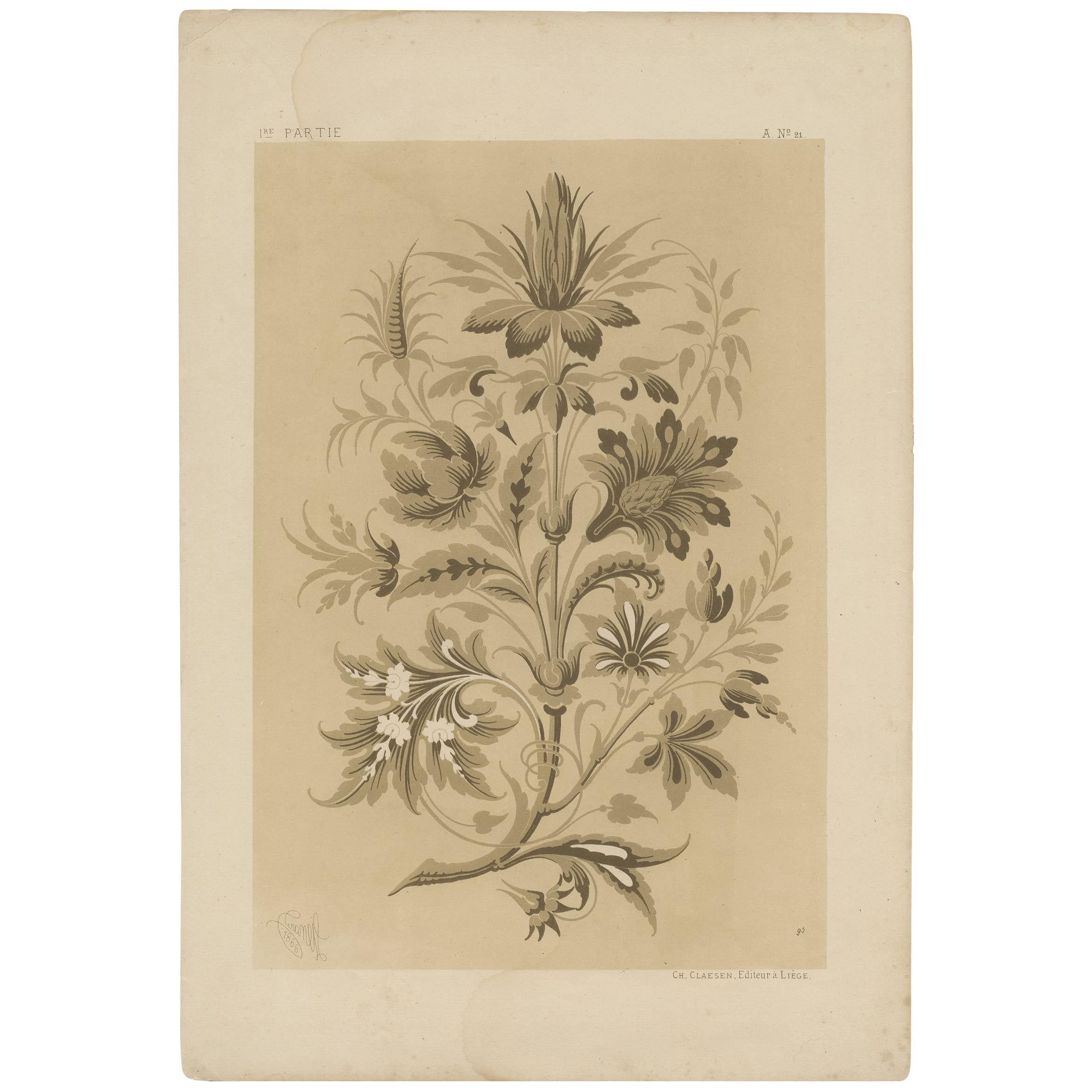 Antique Print of a Wallpaper Design with Leaves and Flowers, Claesen circa 1866