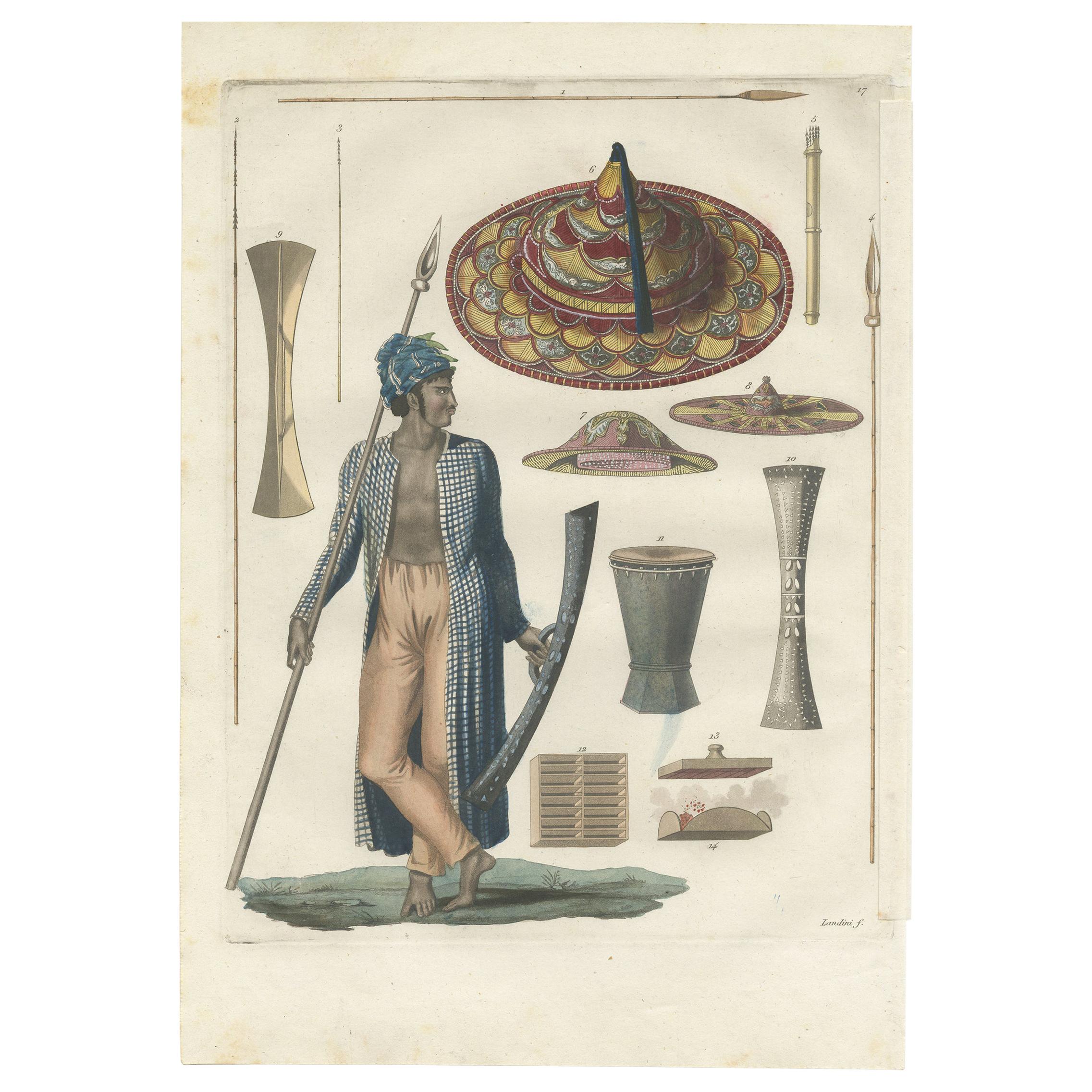 Antique Print of a Warrior and Weapons of Guébé Island by Ferrario '1831' For Sale