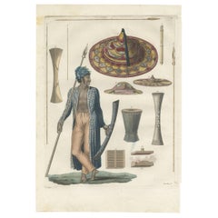 Antique Print of a Warrior and Weapons of Guébé Island by Ferrario '1831'