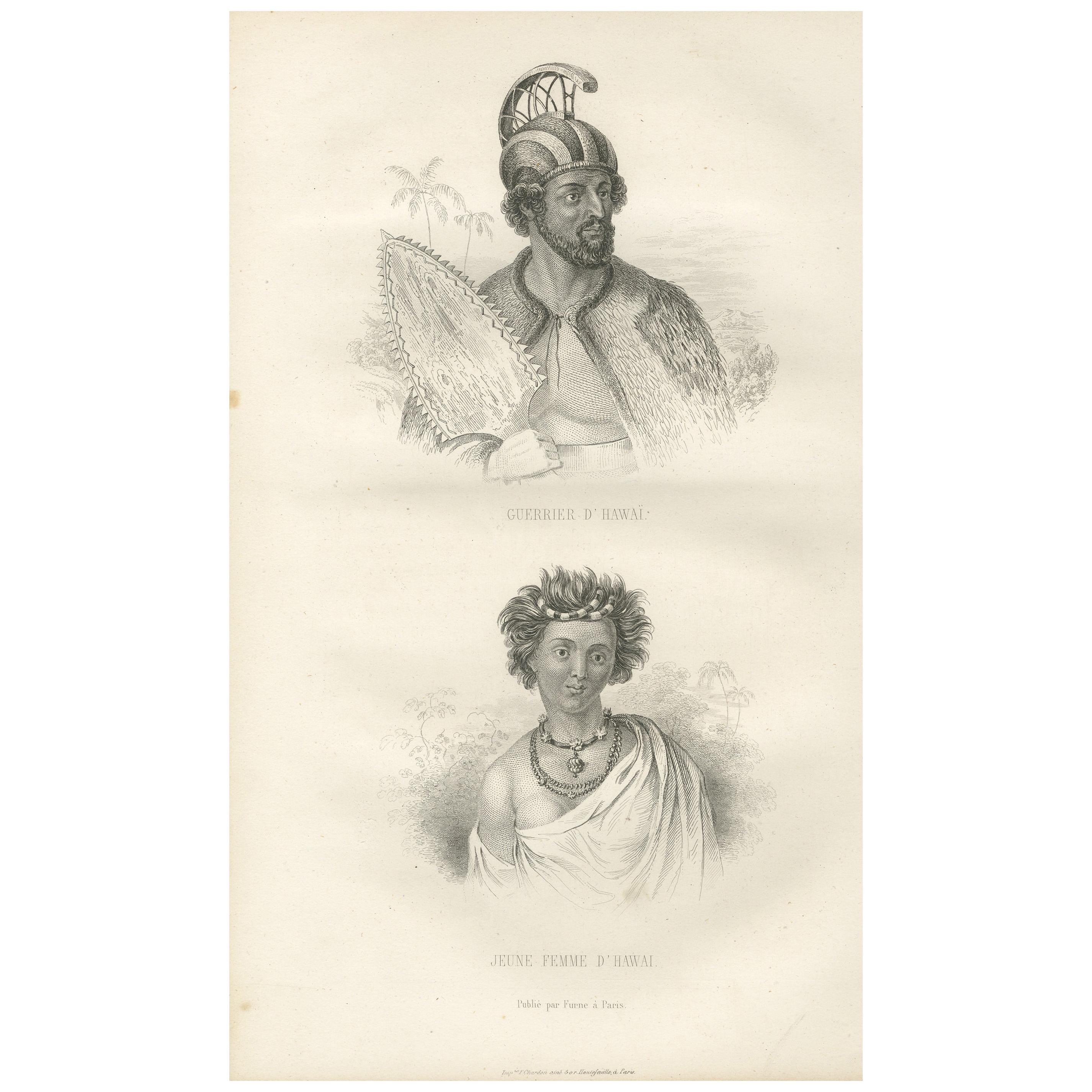 Impression ancienne d'un guerrier et d'une jeune femme d'Hawaï par D'urville (1853)