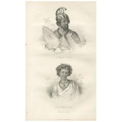 Antique Print of a Warrior and Young Lady of Hawaii by D'urville (1853)