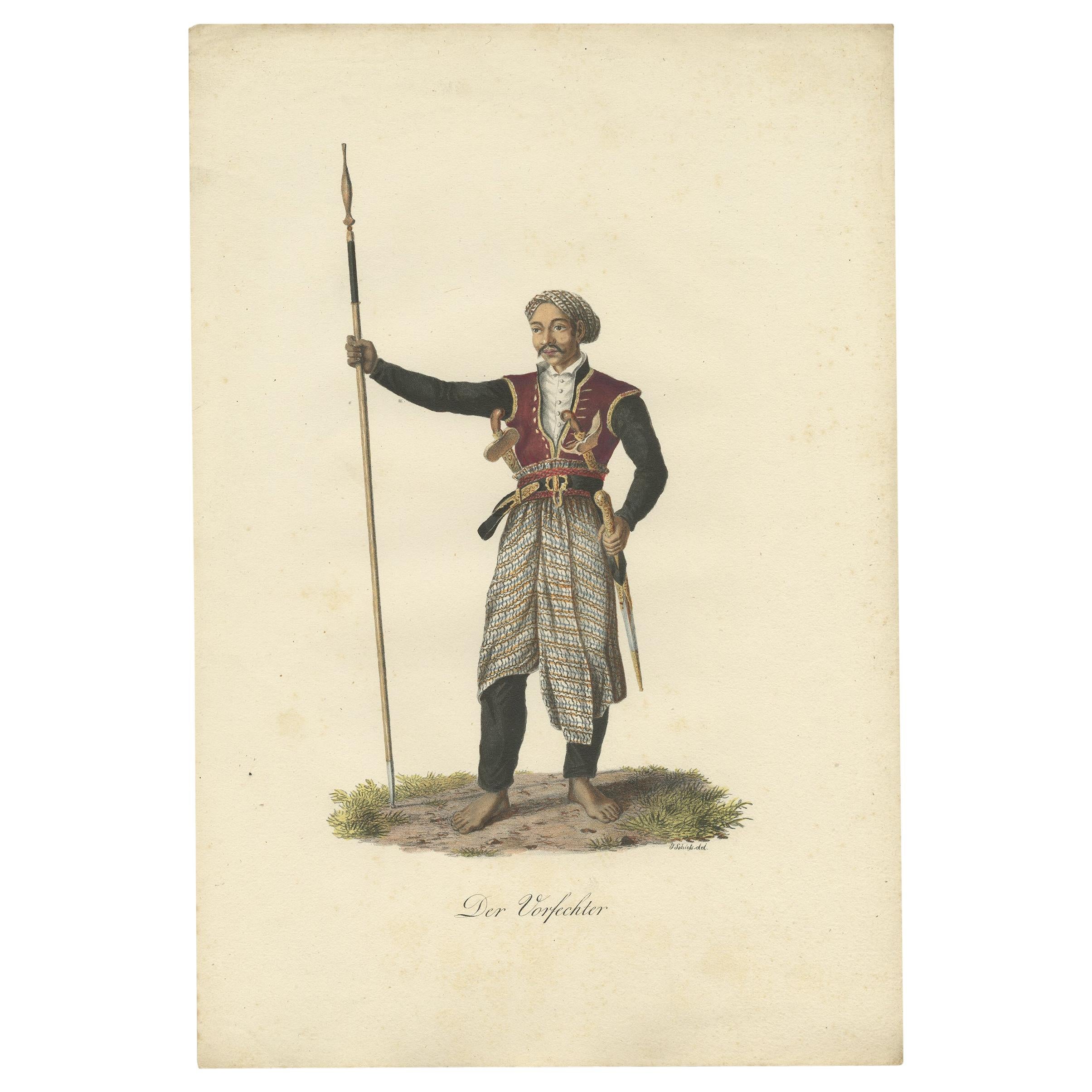 Superb Decorative Antique Print of a Proud Warrior from Java, Indonesia c.1830 For Sale