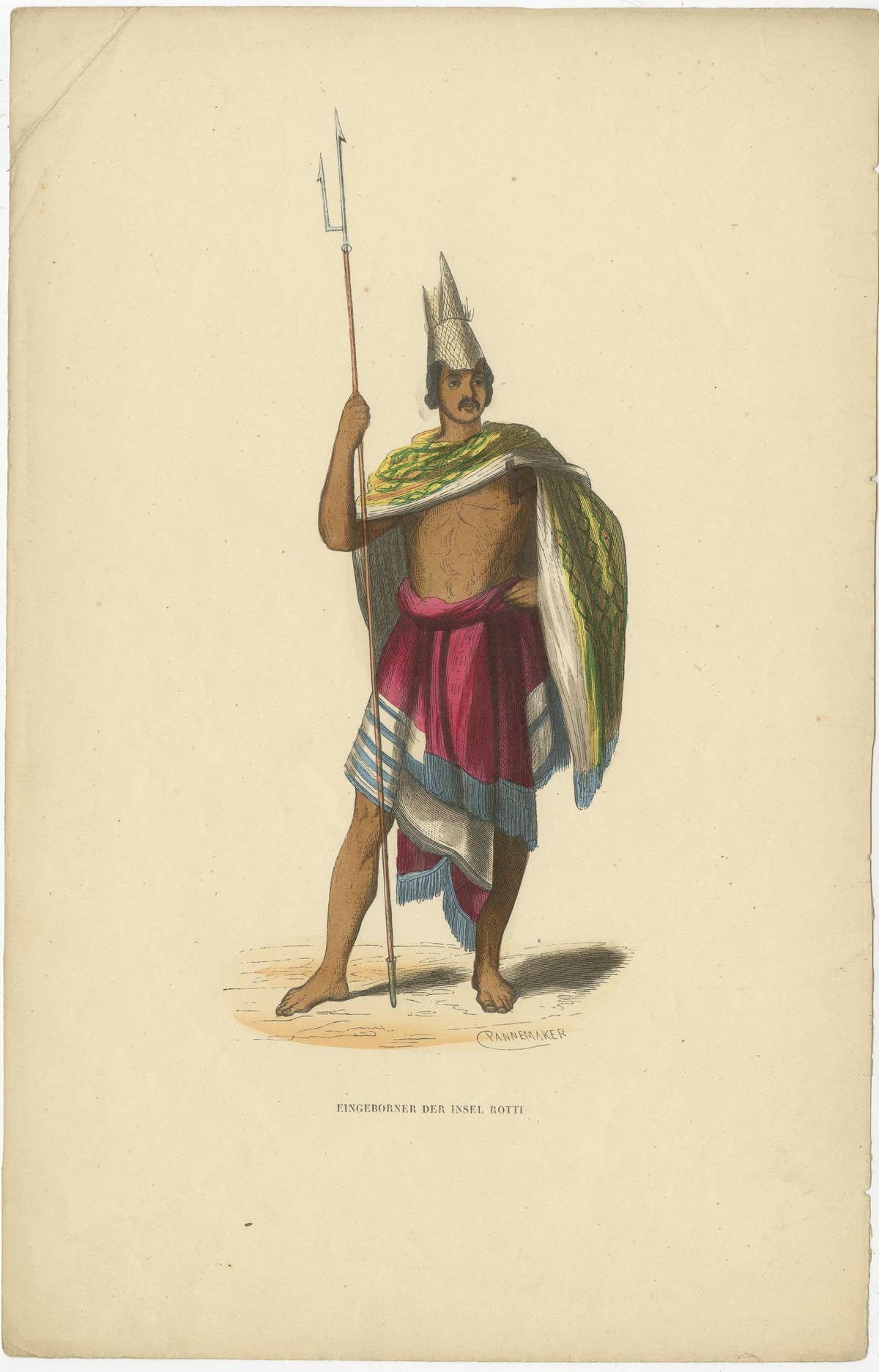 Antique Print of a Warrior from Roti or Rotti Island in East Indonesia, ca.1845