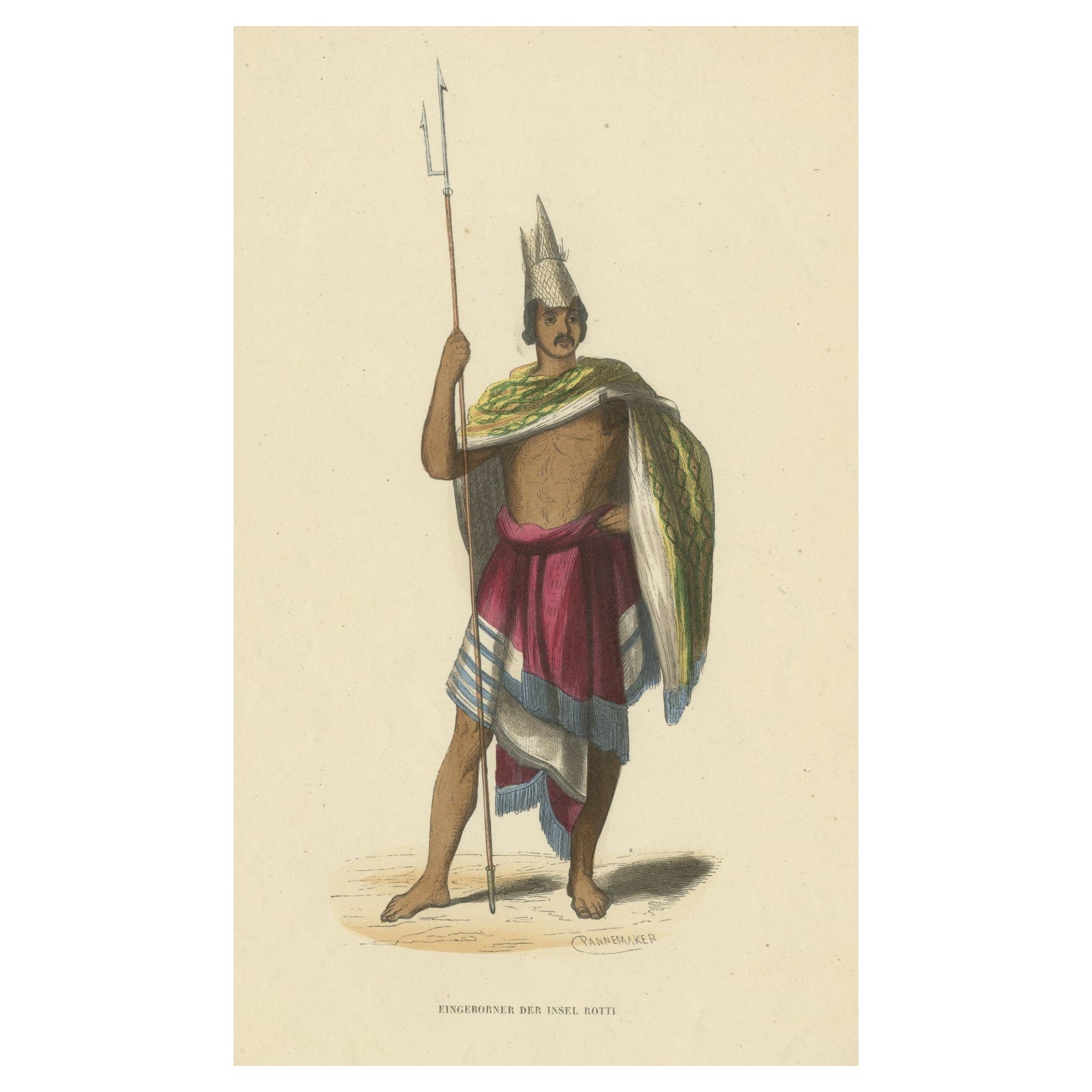Impression ancienne d'un guerrier de l'île de Roti ou de Rotti dans l'Indonésie orientale, vers 1845