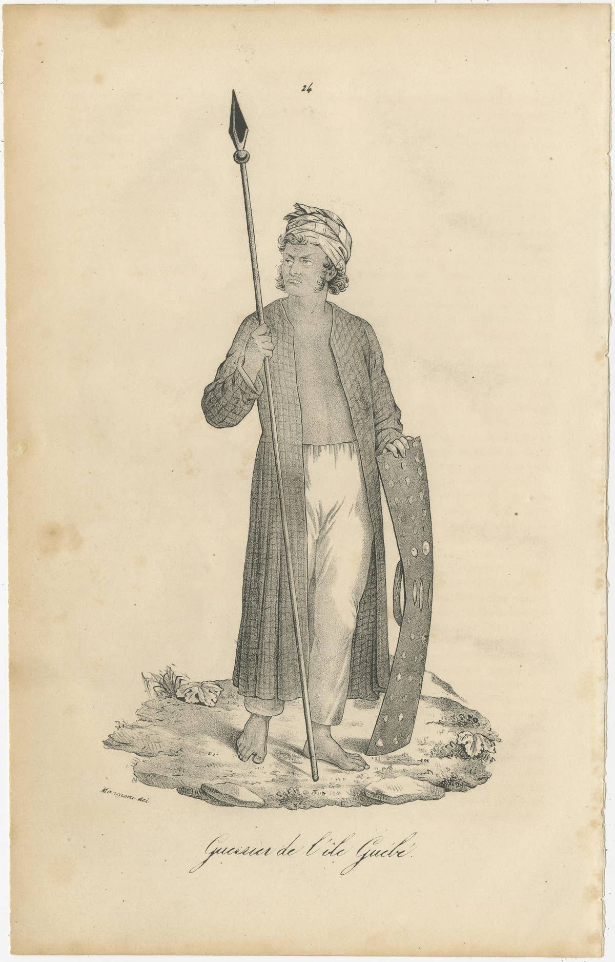Antique Print of a Warrior from the Island of Guebe, Maluku Islands