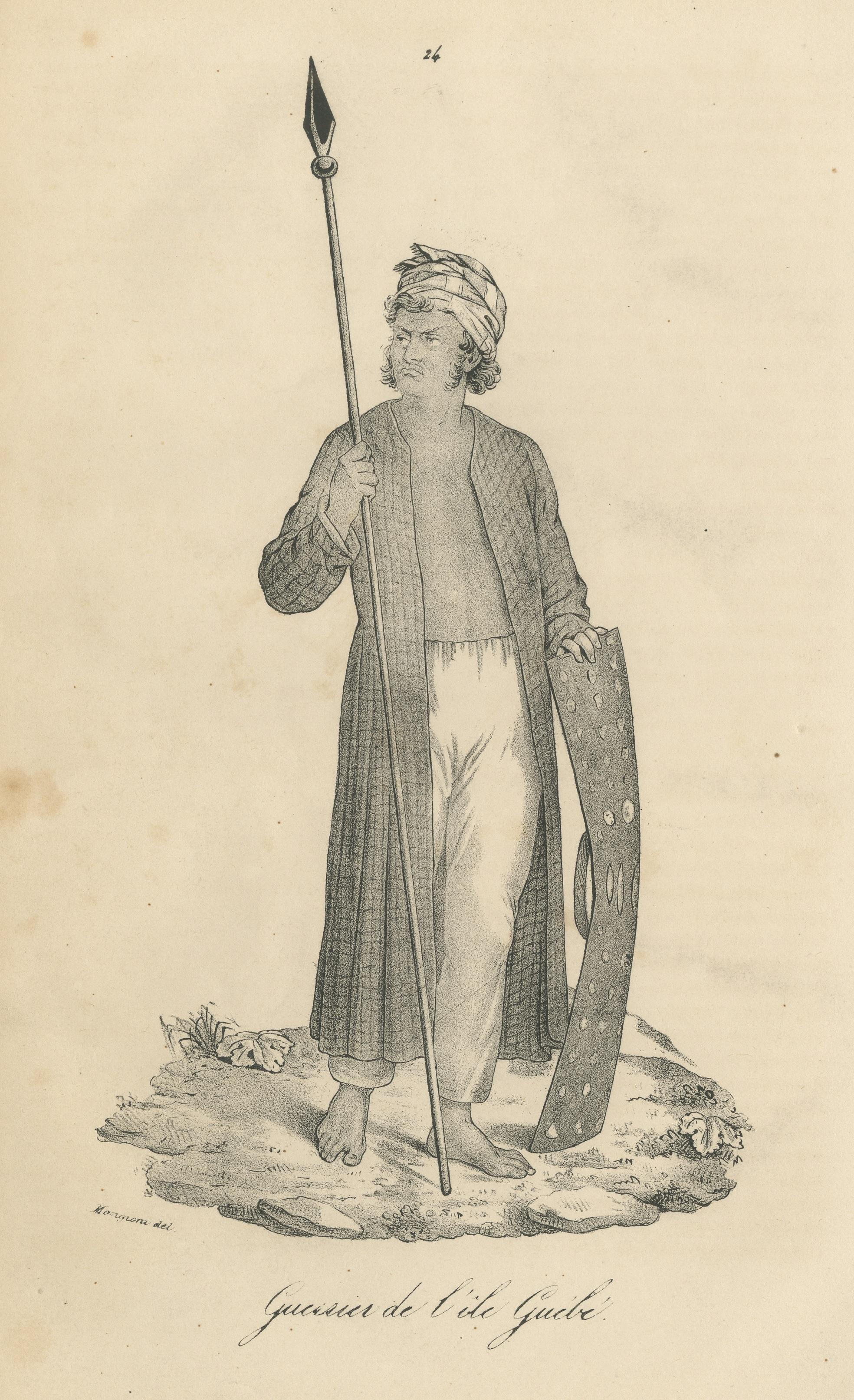 Antique Print of a Warrior from the Island of Guebe, Maluku Islands In Fair Condition For Sale In Langweer, NL