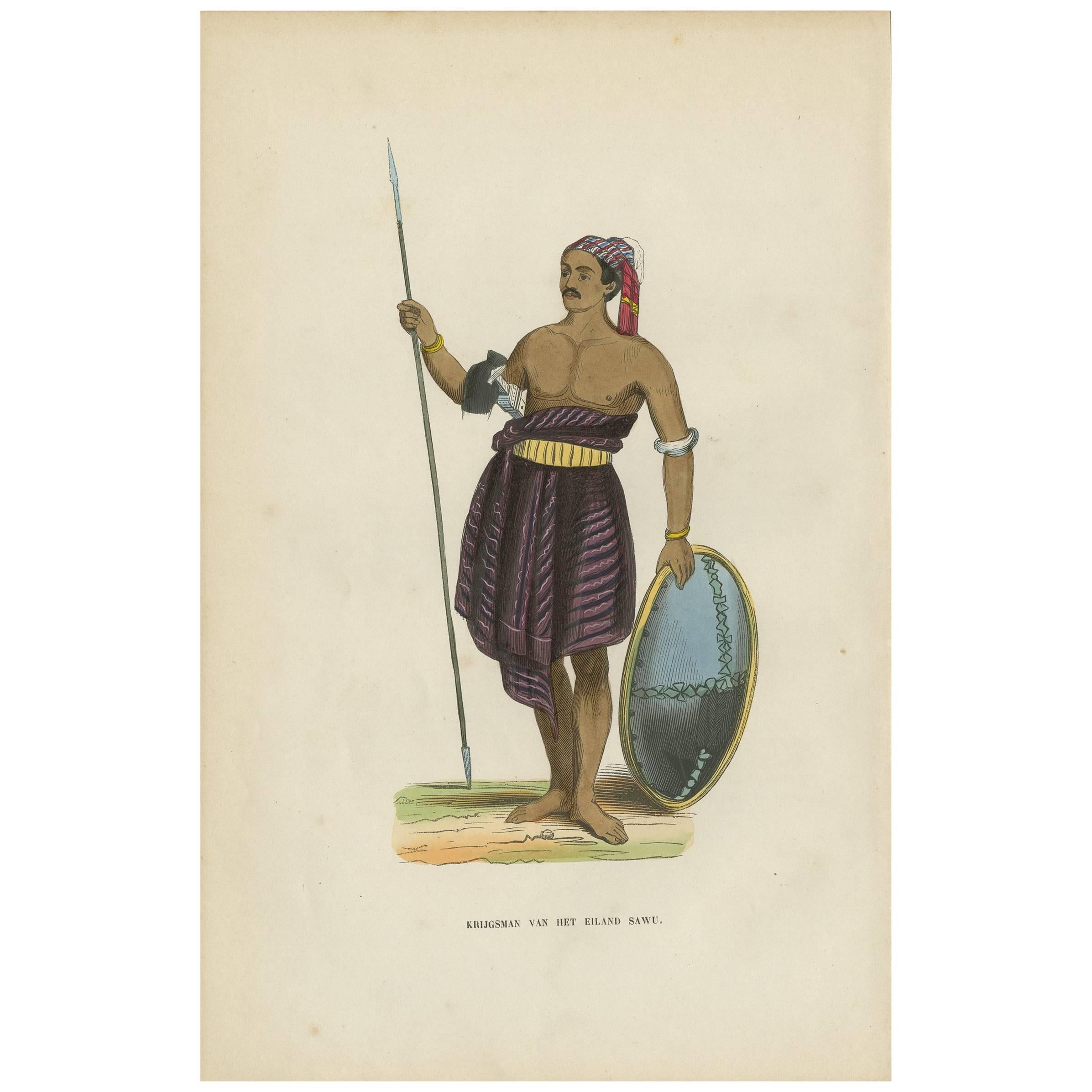 Impression ancienne d'un guerrier de l'île de Savu en Indonésie par H. Berghaus, 1855