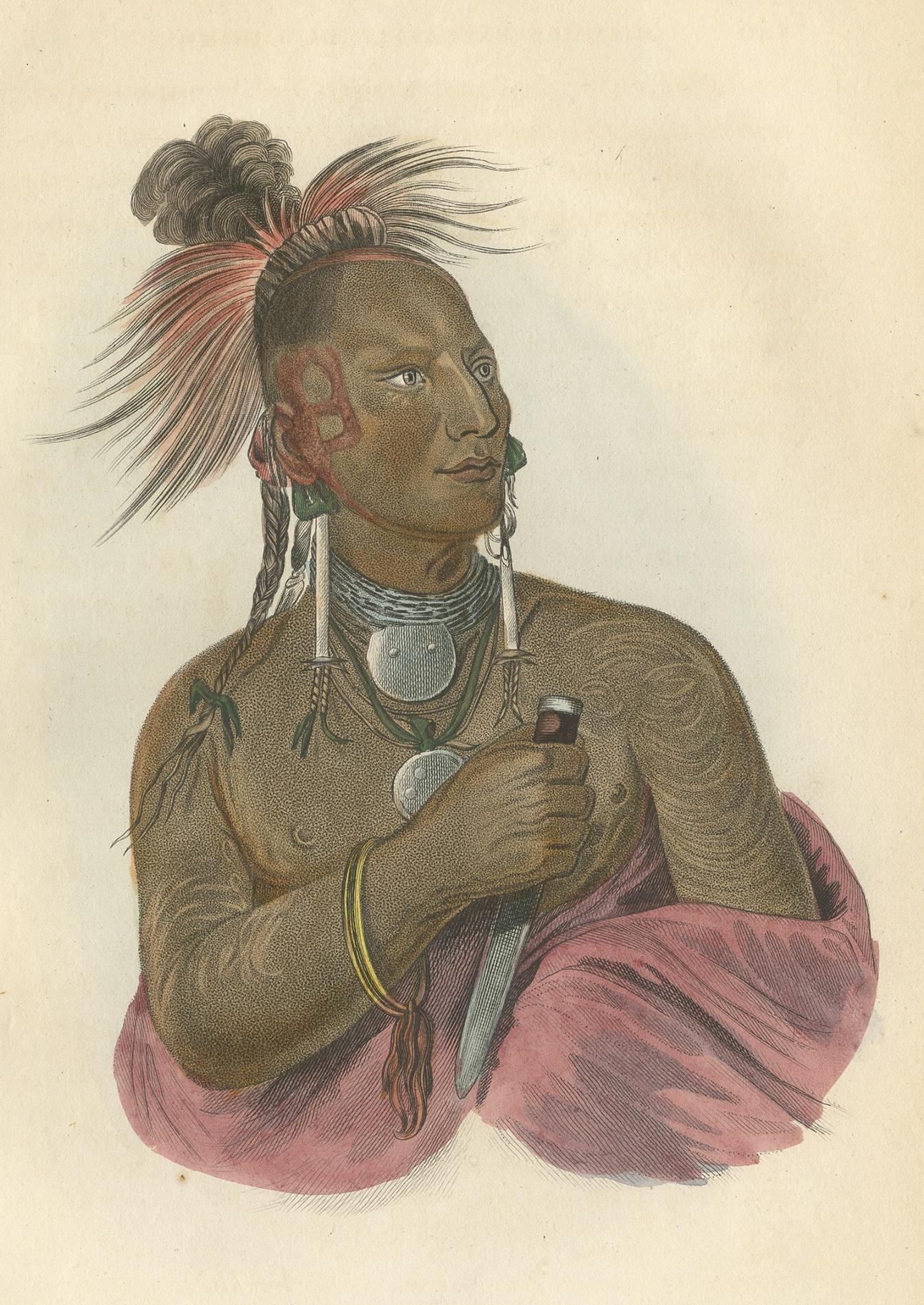 Antique print titled 'Meach-O-Shin-Gaw'. Lithograph of a warrior of the Kaw Nation. The Kaw Nation (or Kanza or Kansa) are a federally recognized Native American tribe in Oklahoma and parts of Kansas. The tribe known as Kaw have also been known as