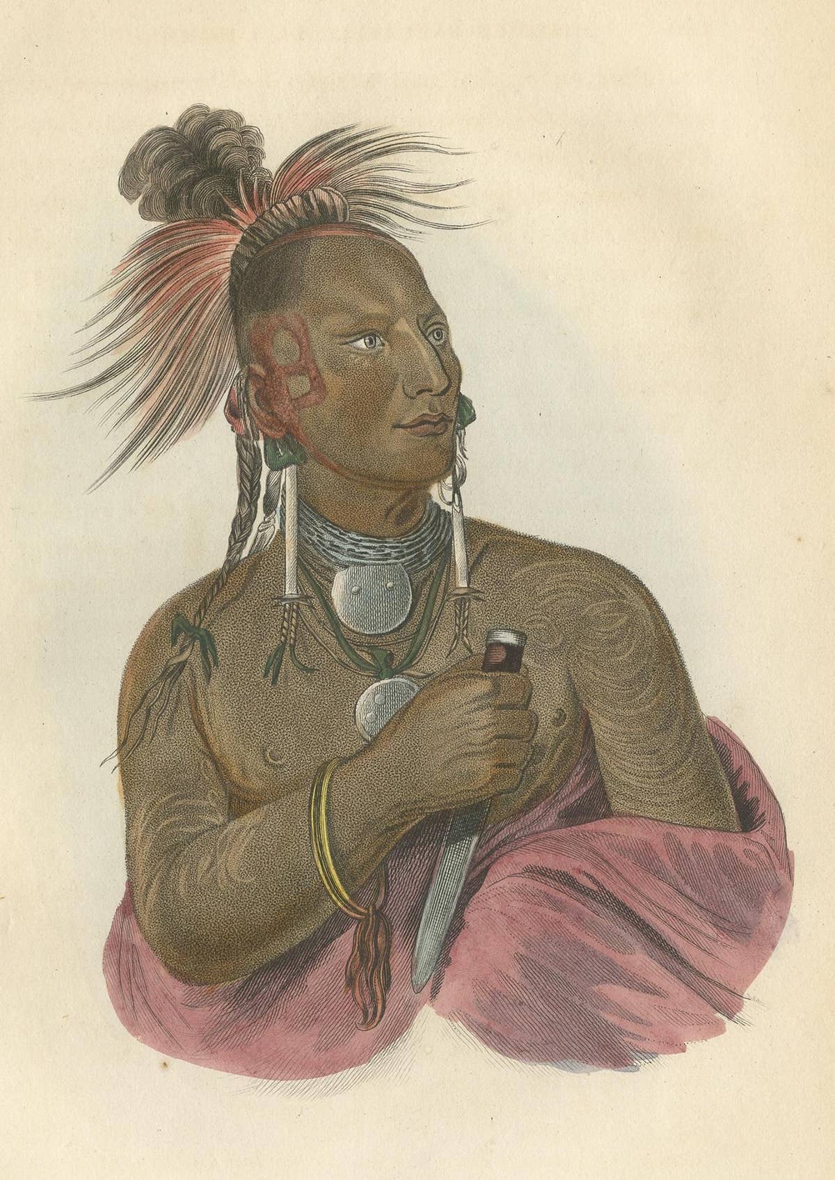 Antique Print of a Warrior of the Kaw Nation by Prichard '1843'
