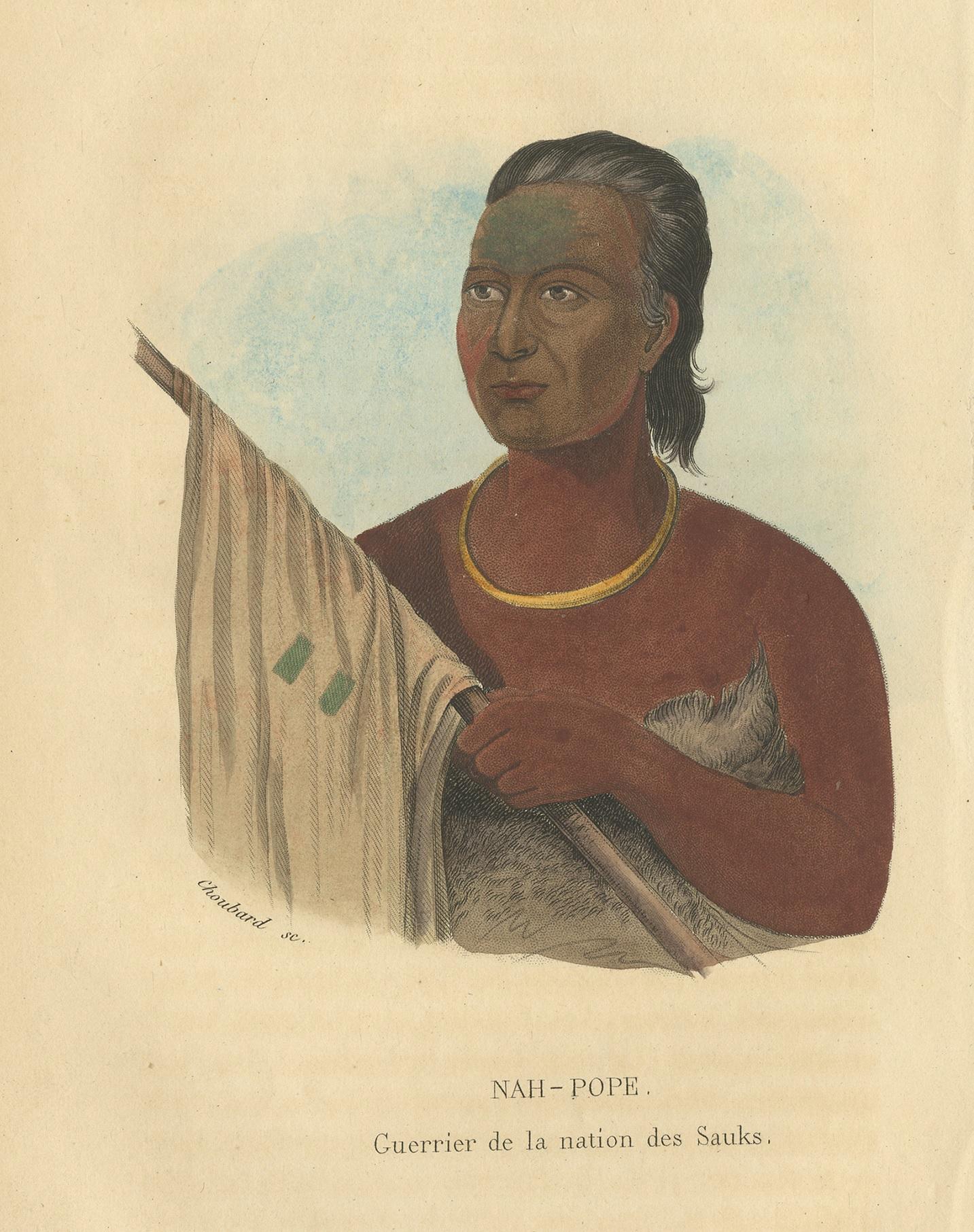 Antique print titled 'Nah-Pope, Guerrier de la nation des Sauks'. Lithograph of a warrior of the Sauk. The Sac or Sauk are a group of Native Americans of the Eastern Woodlands culture group, who lived primarily in the region of what is now Green