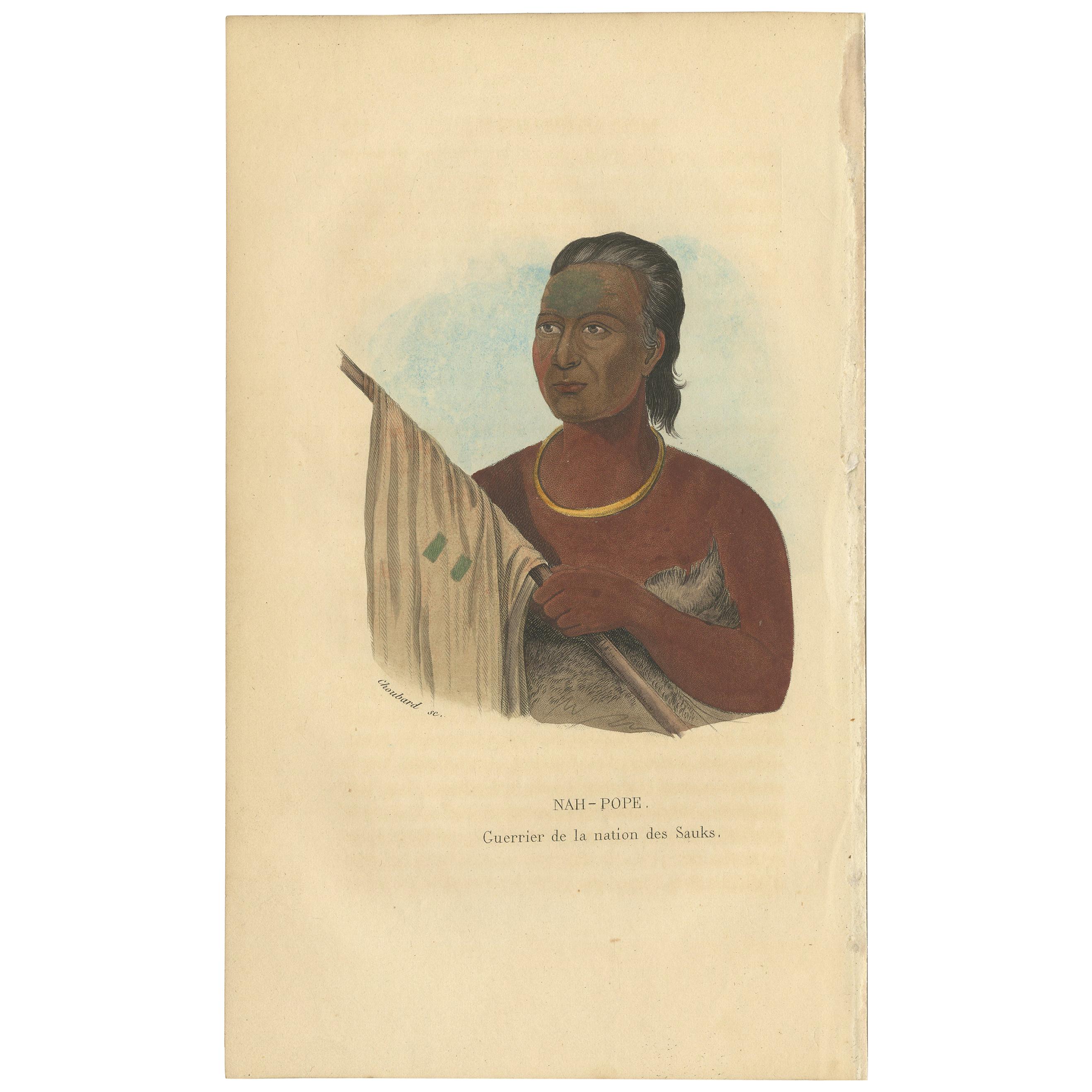 Antique Print of a Warrior of the Sauk by Prichard '1843' For Sale