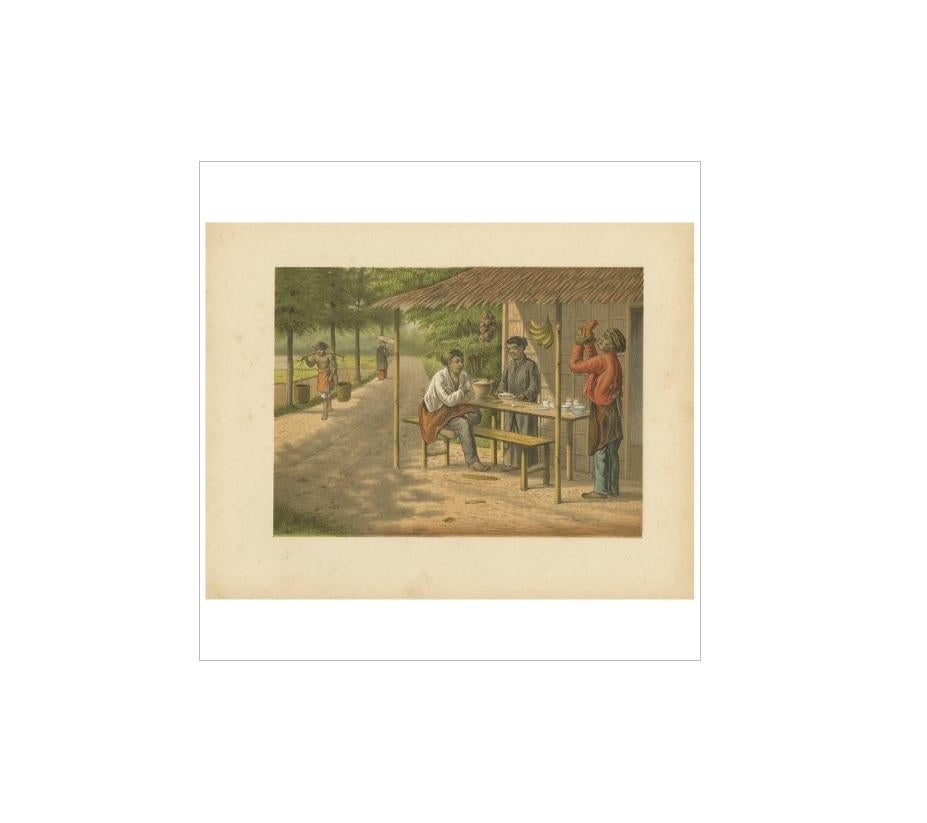 Antique print of a warung with native people. A warung (old spelling waroeng or warong) is a type of small family-owned business, a small restaurant or café, in Indonesia. This print originates from 'Het Kamerlid van Berkestein in