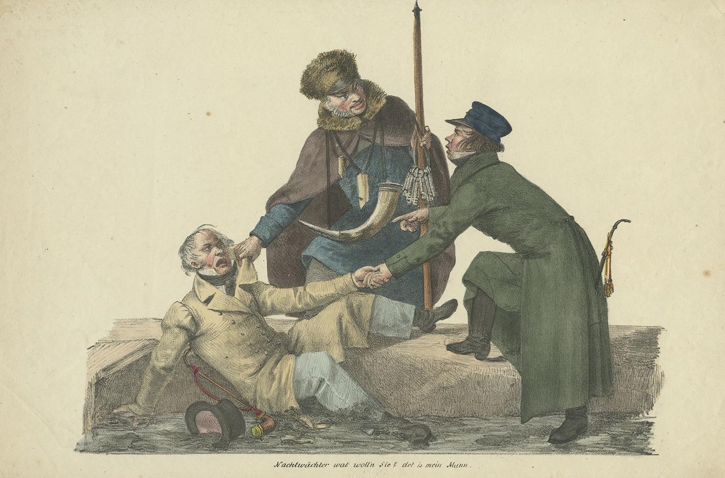 Antique print titled 'Nachtwächter wat woll'n Sie? Det is mein Mann'. Translated to English 'Watchman, what do you want? That is my Husband'. It shows a scene where a watchman taking a man by the collar and a woman trying to stop him. Source