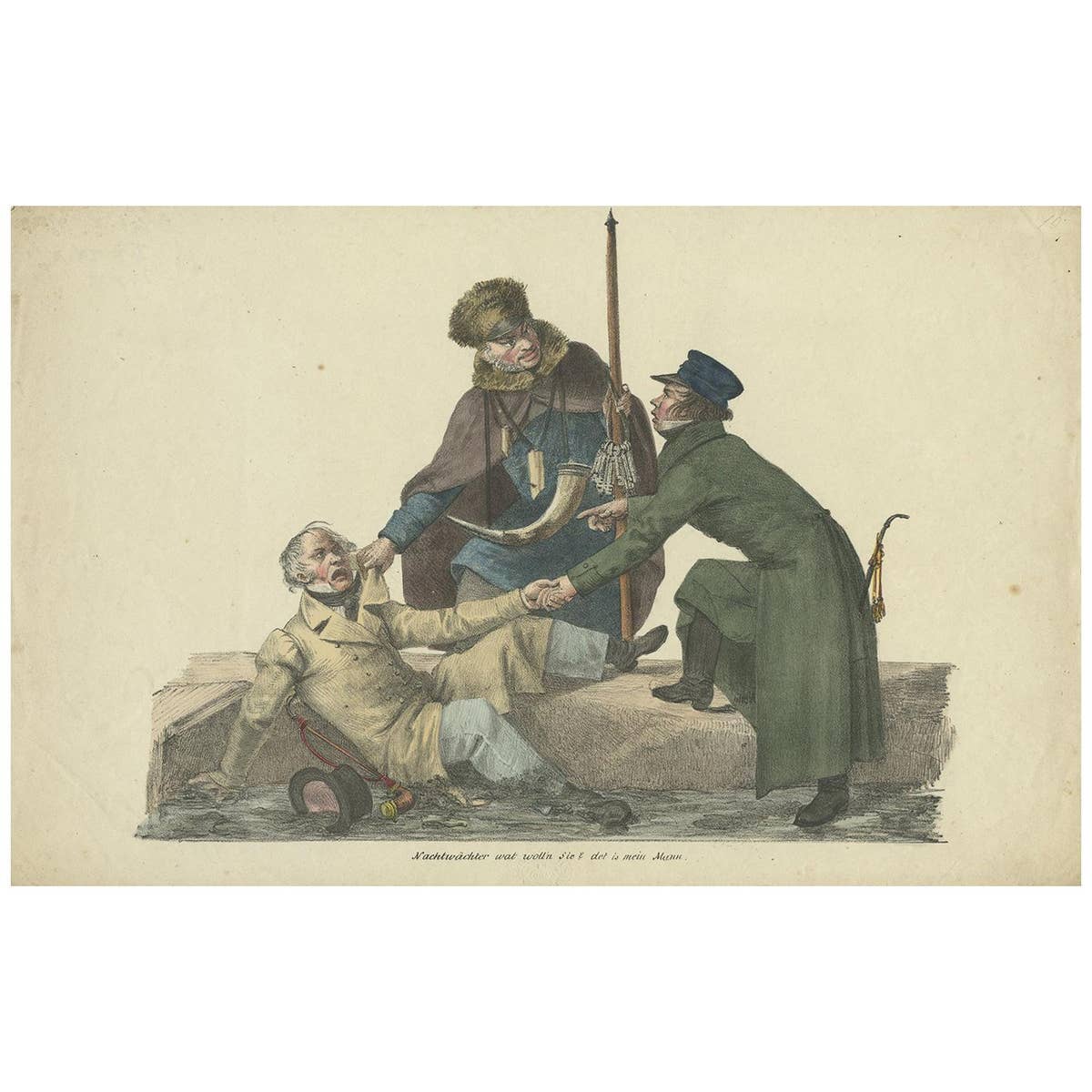 Antique Print of a Watchman taking a Man by the Collar, circa 1850