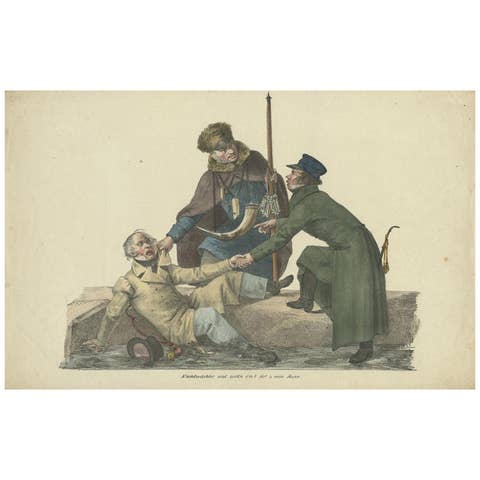 Antique Print of a Watchman taking a Man by the Collar, circa 1850