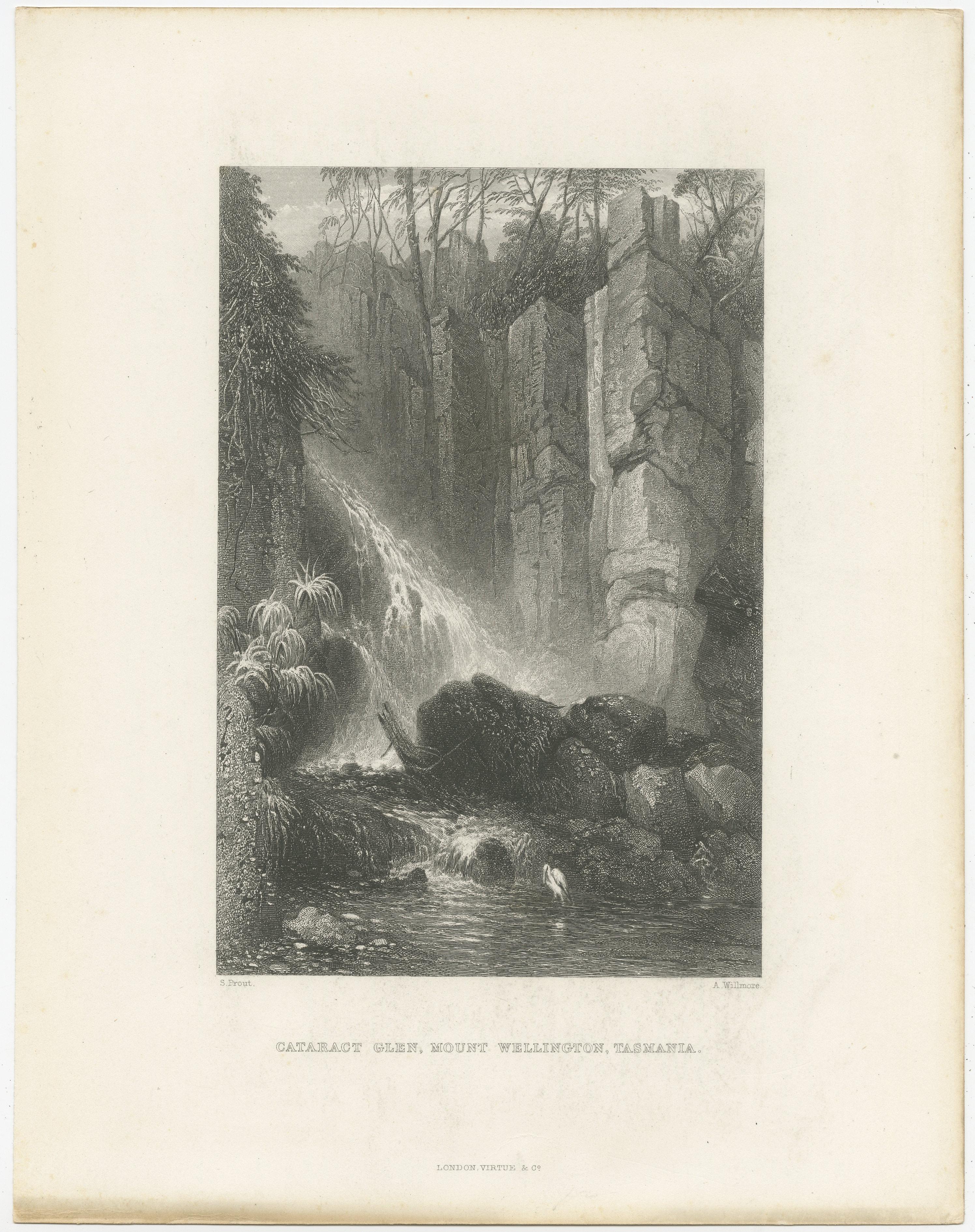 Antique print titled 'Cataract Glen, Mount Wellington, Tasmania'. View of a lovely waterfall with a heron, near Mount Wellington in Tasmania, Australia. Engraved by A. Willmore after S. Prout. Published by Virtue & Co, circa 1875.