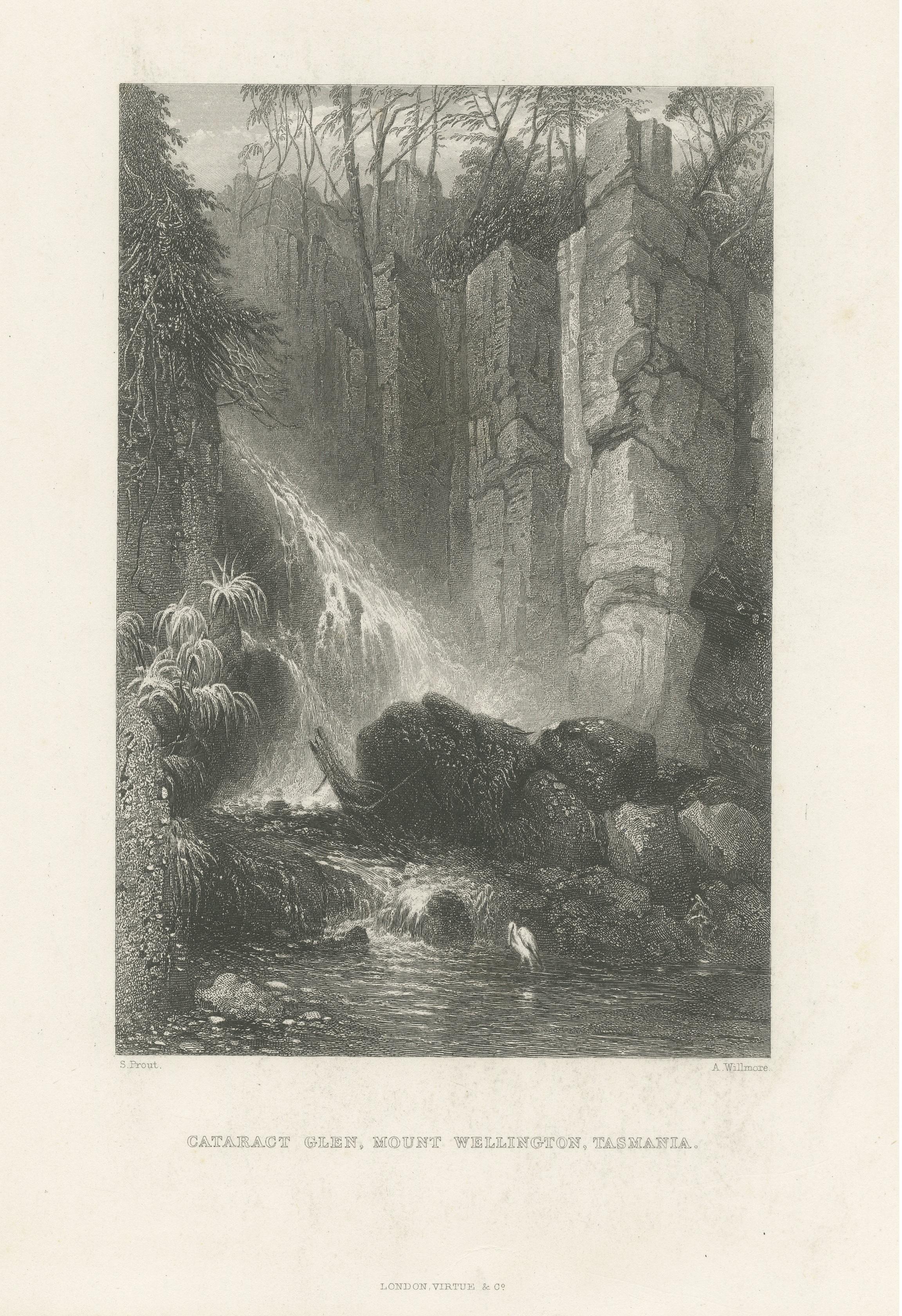 Antique Print of a Waterfall Near Mount Wellington, Tasmania, Australia In Fair Condition For Sale In Langweer, NL