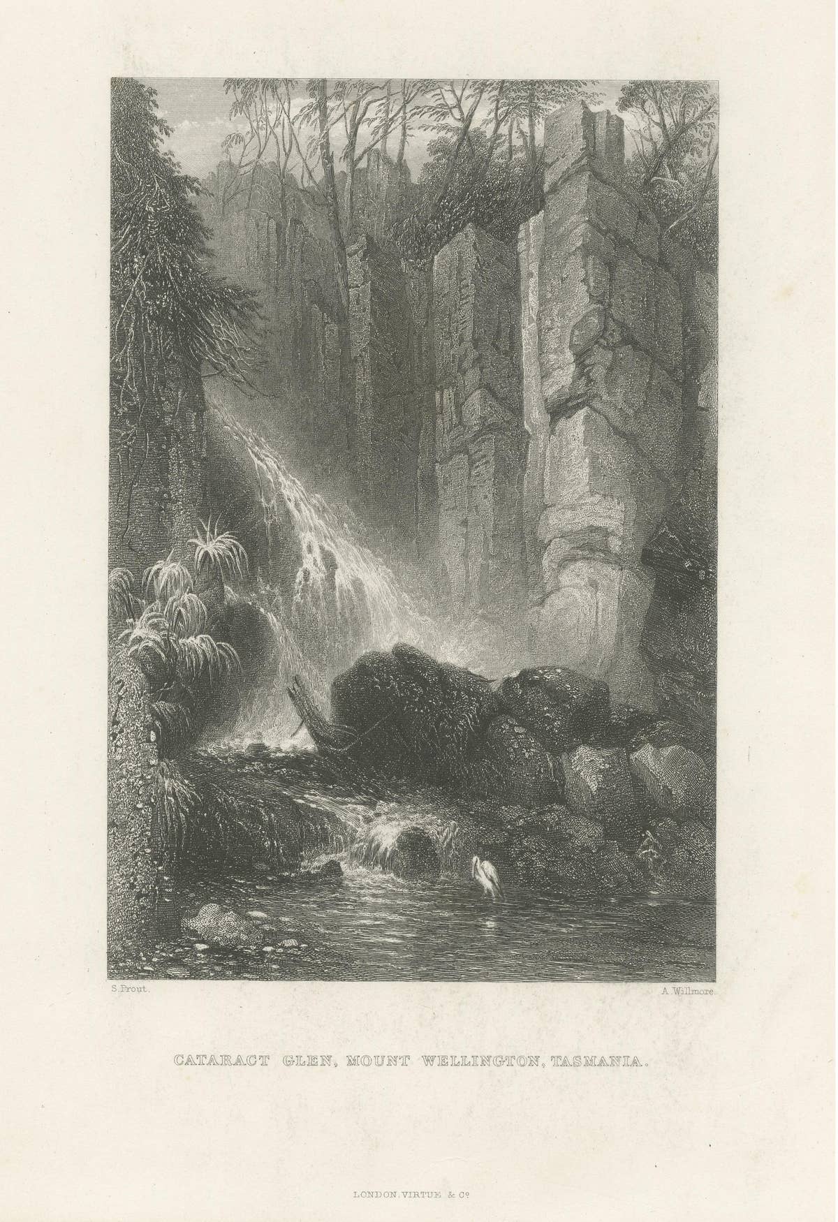 Antique Print of a Waterfall Near Mount Wellington, Tasmania, Australia