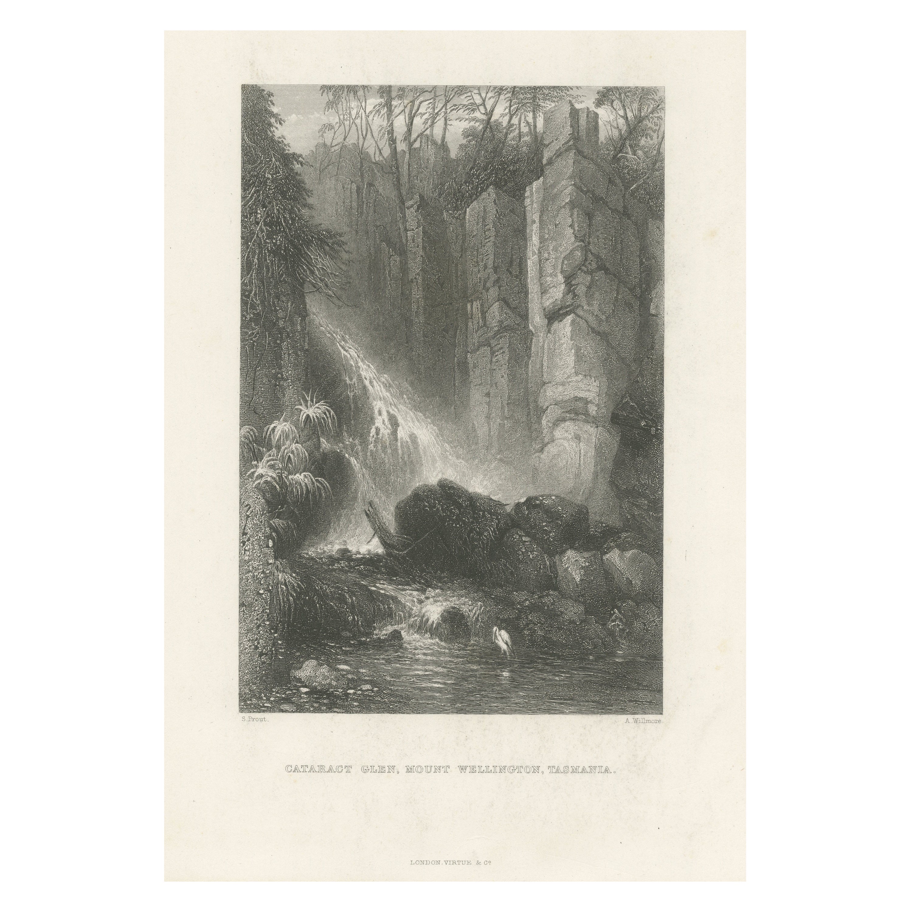 Estampa antigua de una cascada cerca del monte Wellington, Tasmania, Australia