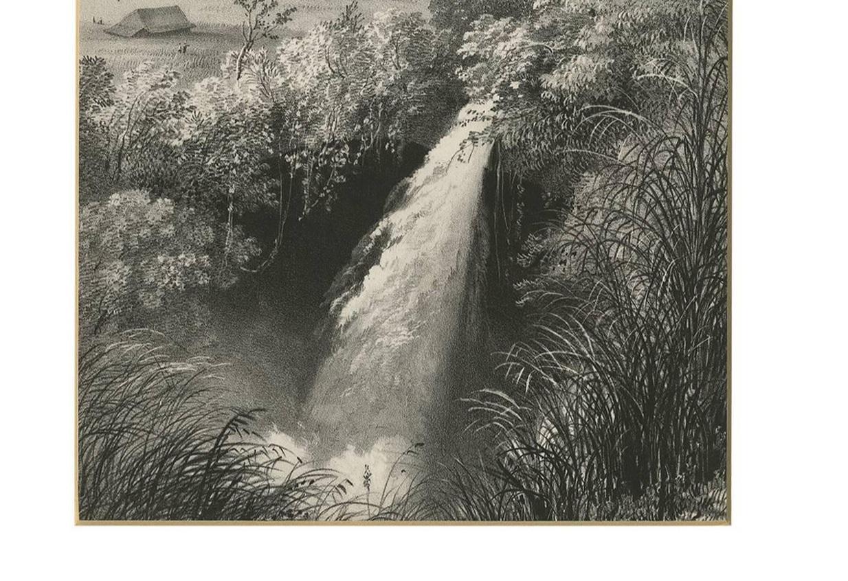 Cette gravure montre une grande chute d'eau près de Tondano sur l'île de Celebes / Sulawesi, qui fait partie des îles de la Sonde, en Indonésie. Elle provient de : 