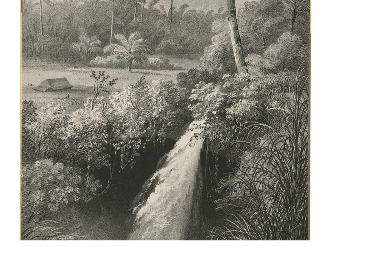 Antique Print of a waterfall near Tondano (Indonesia) by C.W.M. van de Velde