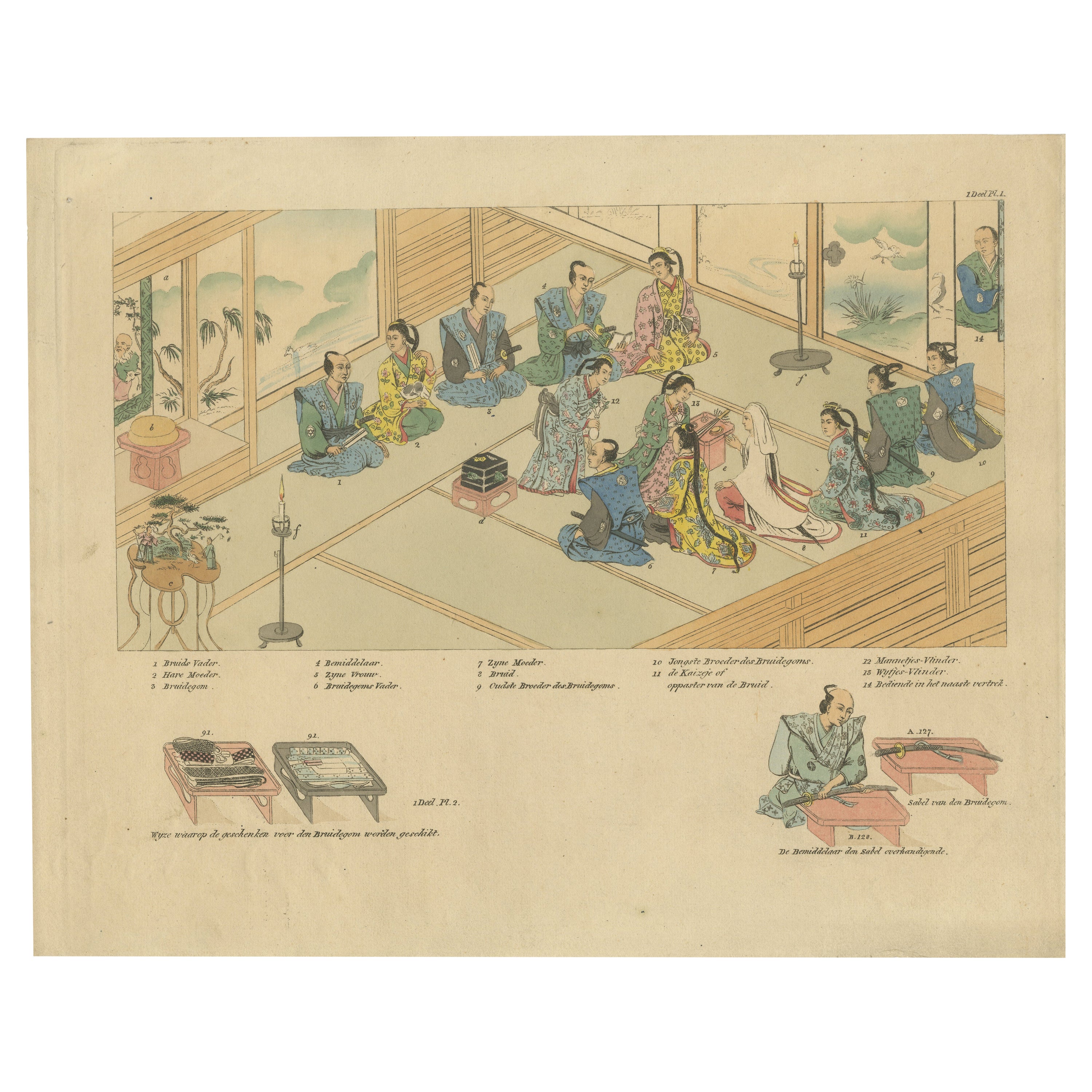 Grabado antiguo de una ceremonia nupcial en Japón, ca.1824 en venta