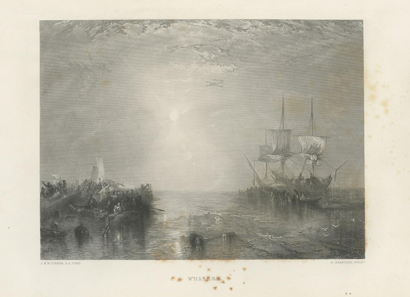 Antique print titled 'Whalers'. Steel engraving of a whaling ship. Engraved by R. Brandard after a painting by J.M.W. Turner. Published in London by Virtue & Co.