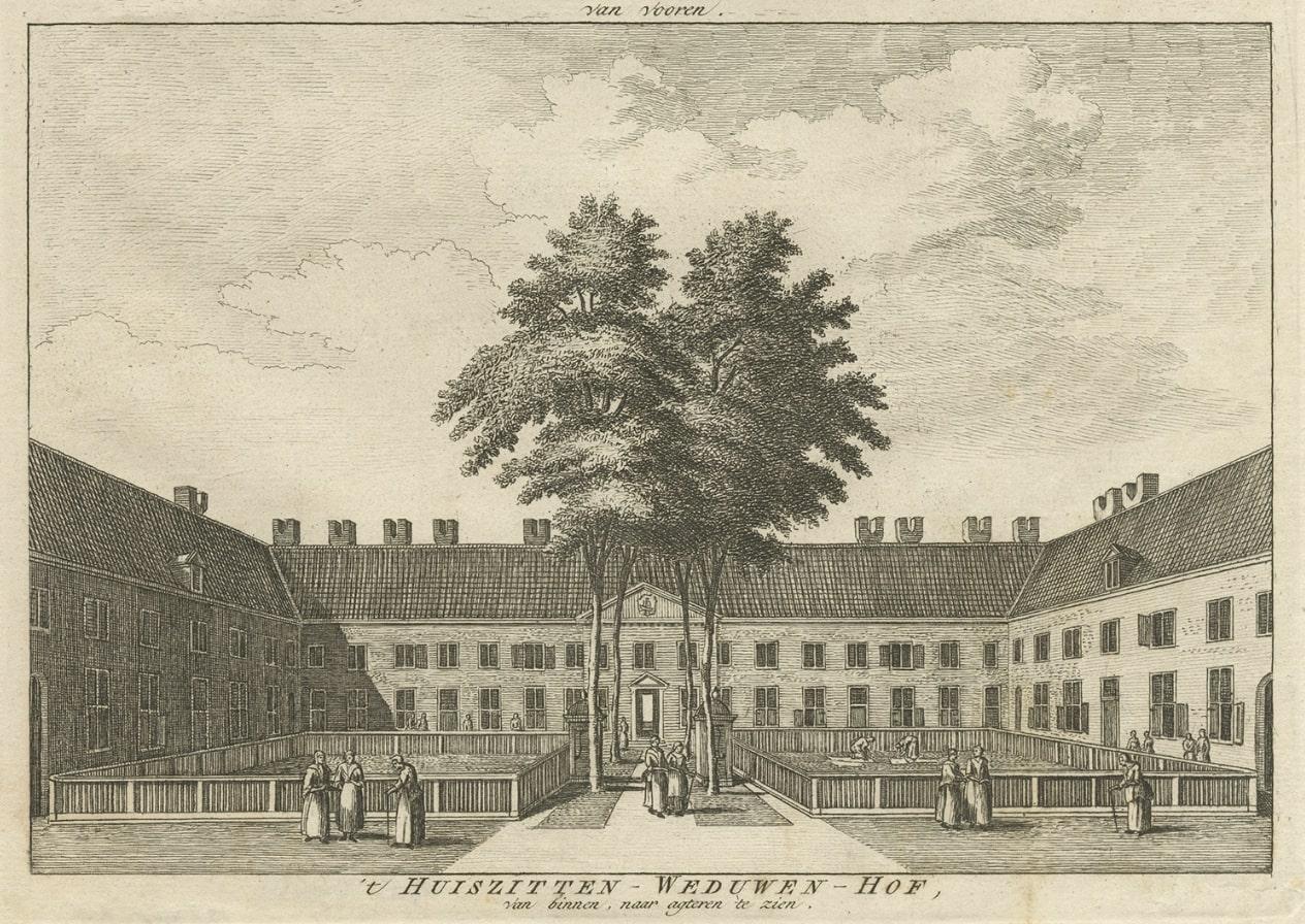 Antiker Druck eines Witweshauses in Amsterdam, Niederlande, um 1760 im Angebot 1
