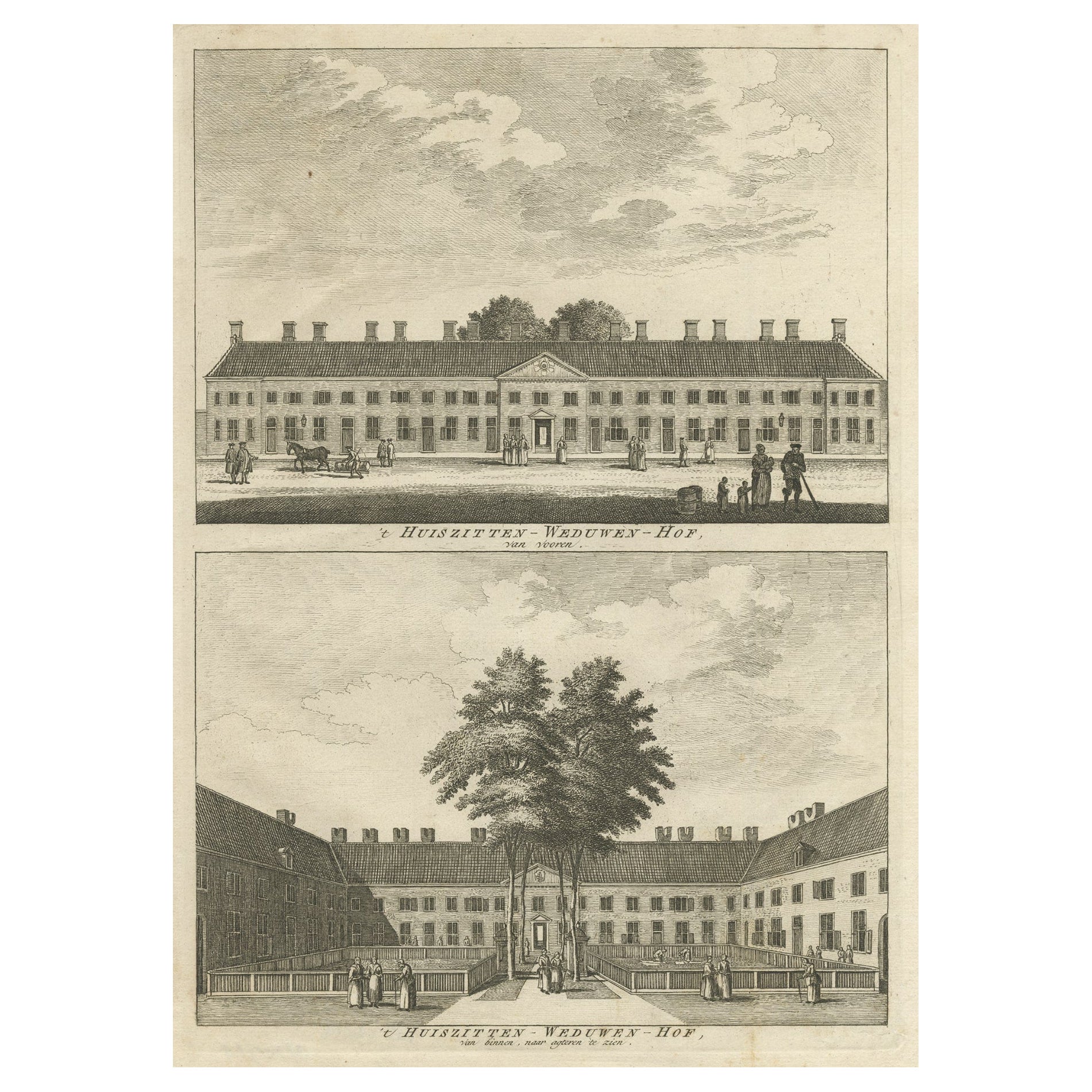 Antiker Druck eines Witweshauses in Amsterdam, Niederlande, um 1760