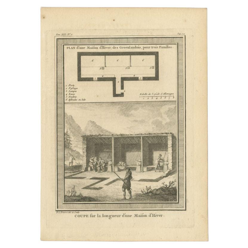 Estampe ancienne intitulée 'Coupe sur la longueur d'une Maison d'Hiver (...)'. Gravure sur cuivre d'une maison au Groenland. Cette estampe provient du volume 18 de l'Histoire générale des voyages (...) d'Antoine François Prévost d'Exile.
 
 Artistes