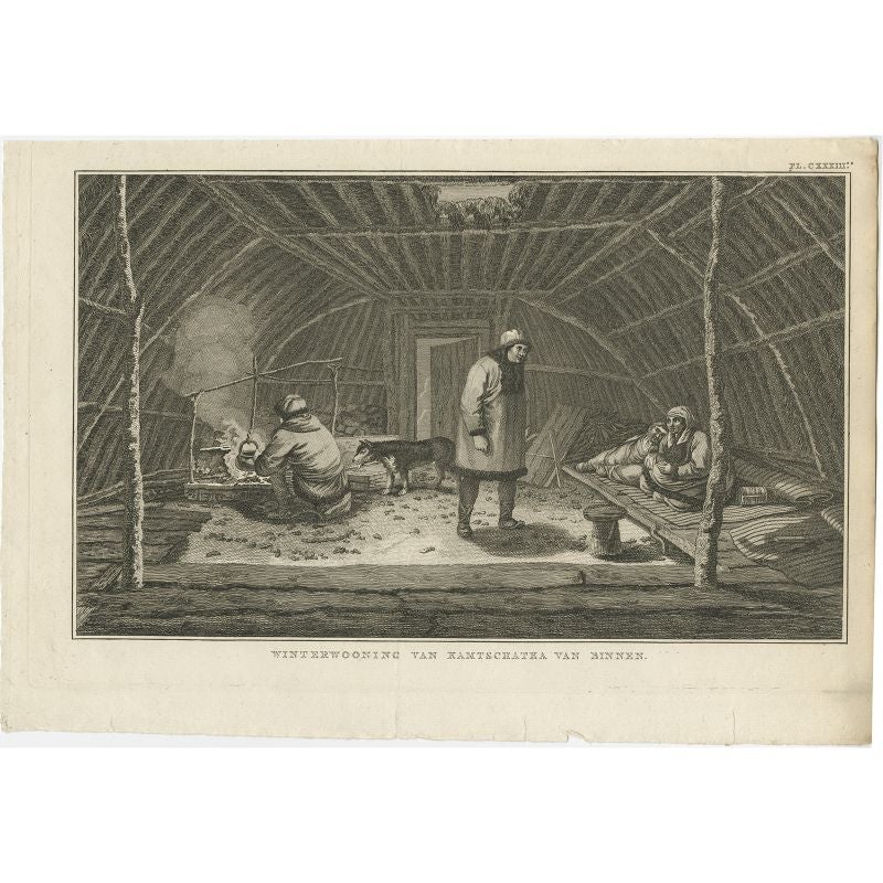 Grabado antiguo titulado 'Winterwooning van Kamtschatka van binnen'. Grabado antiguo que representa el interior de una casa en Kamchatka, Rusia. Procede de 